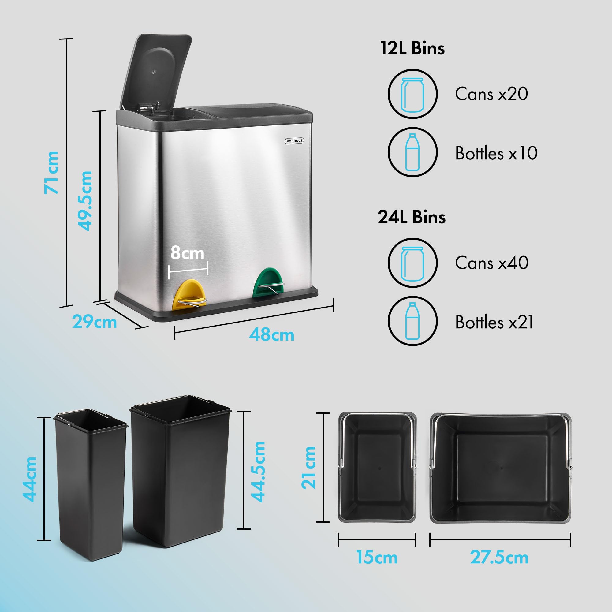 VonHaus pattumiera 2 scomparti inox 36 L a pedale