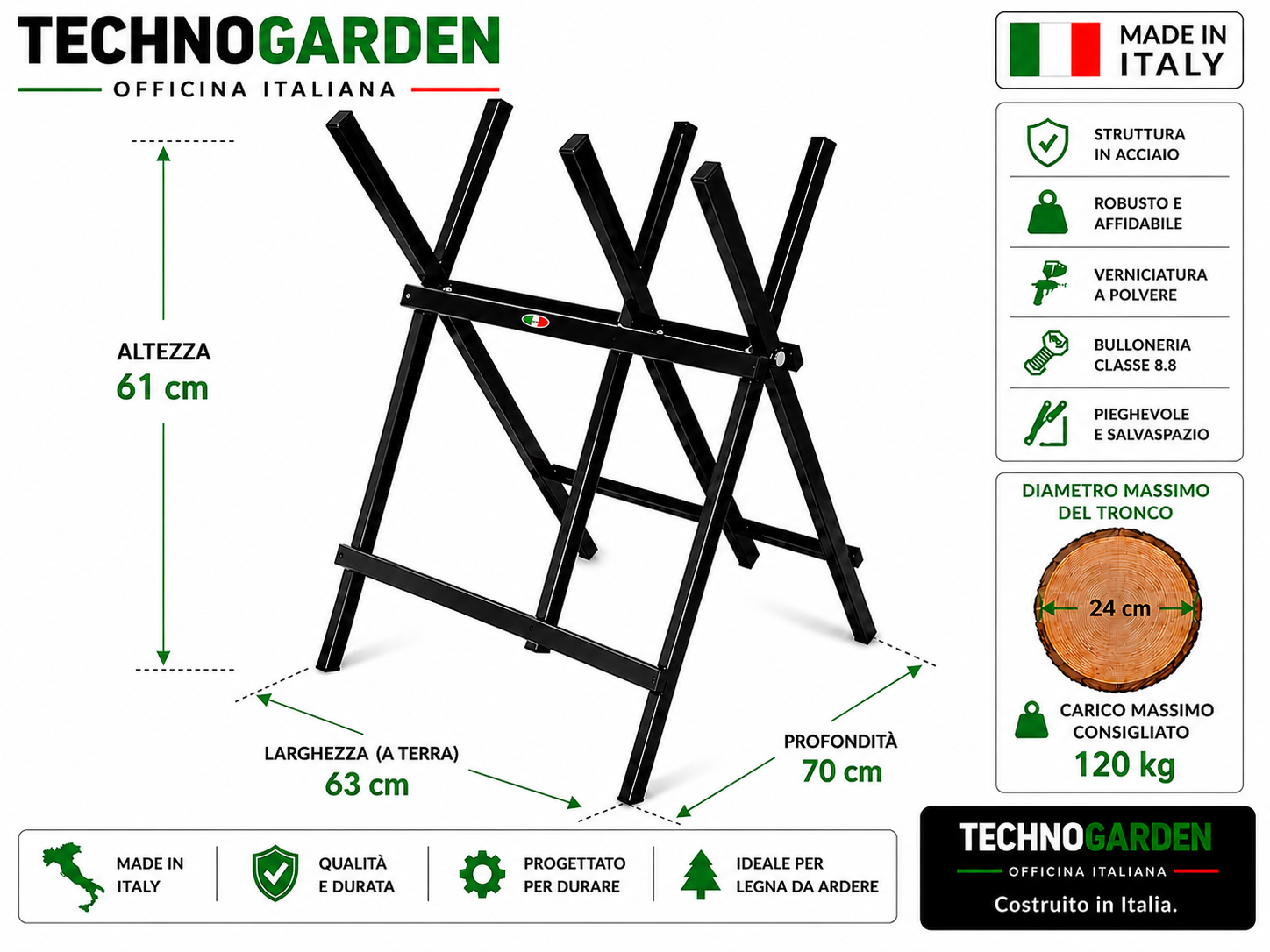 Technogarden cavalletto taglialegna pieghevole acciaio