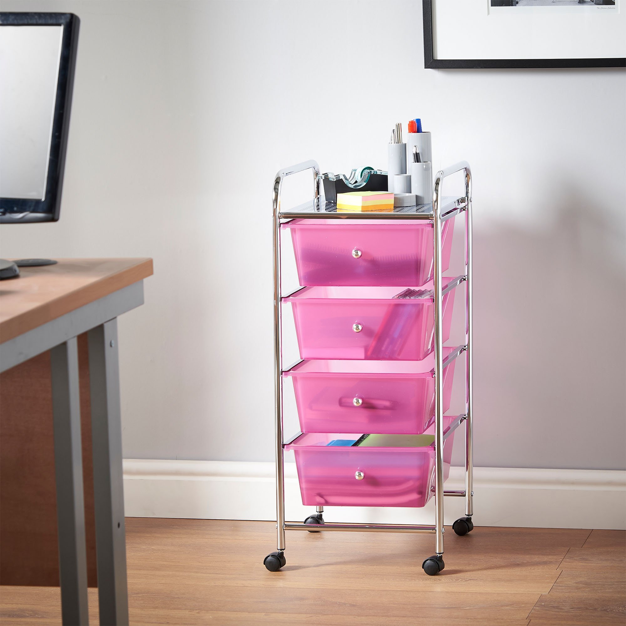 Vonhaus Carrello 4 Cassetti Rosa con Ruote 76 cm