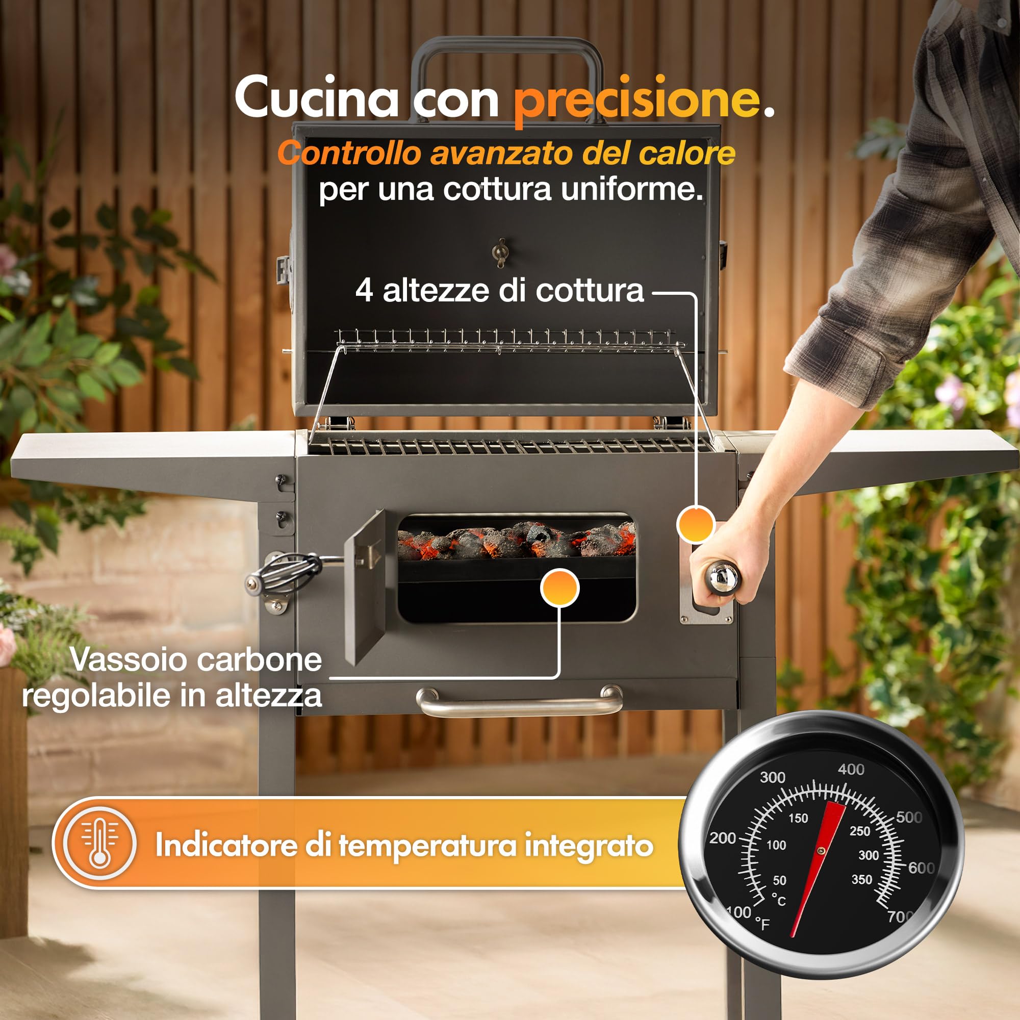 VonHaus Barbecue Carbone con Smoker 43x30,5 cm Termometro