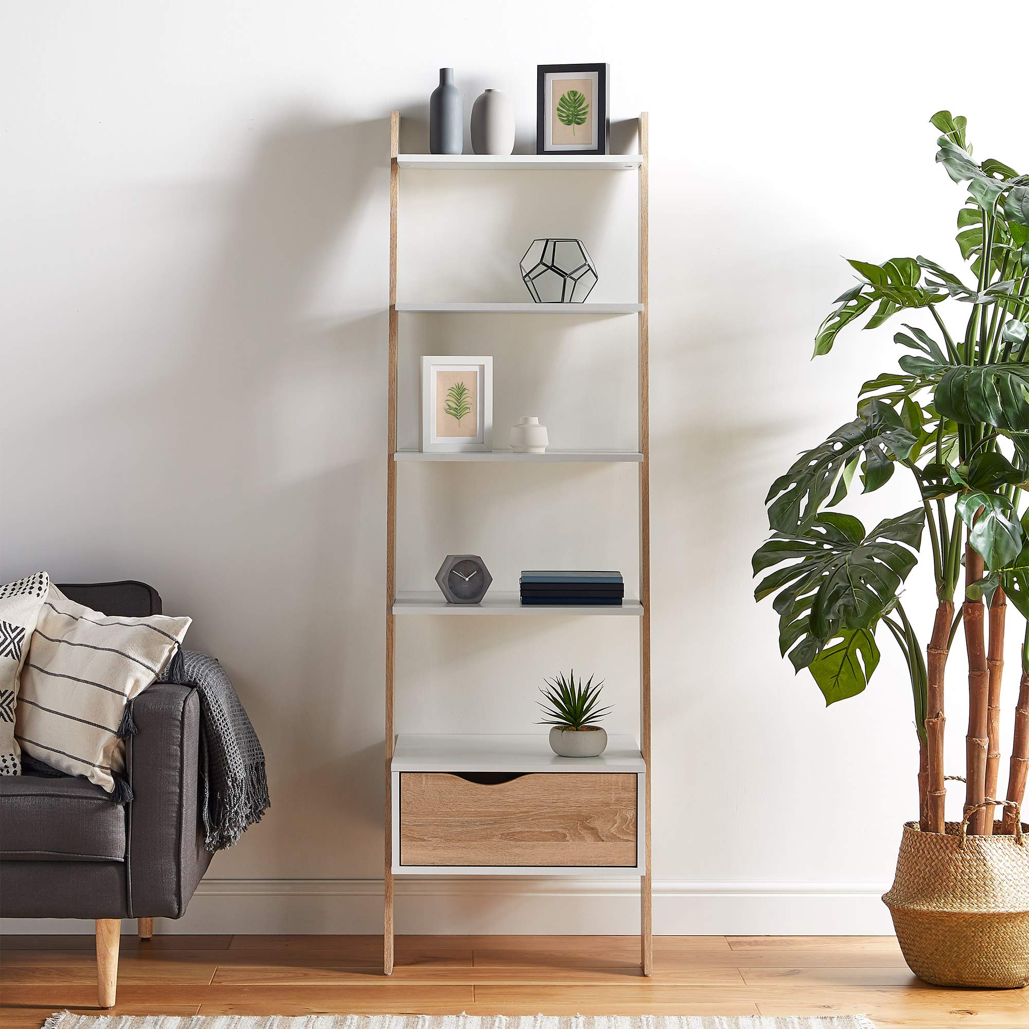 Vonhaus Libreria a Scala 5 Ripiani 1 Cassetto Bianco Rovere Sonoma
