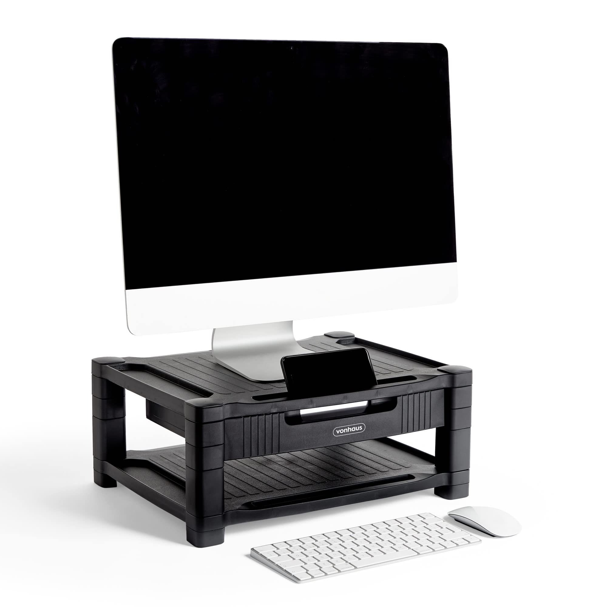 VonHaus Supporto Monitor Scrivania Nero 2 Ripiani con Cassetto