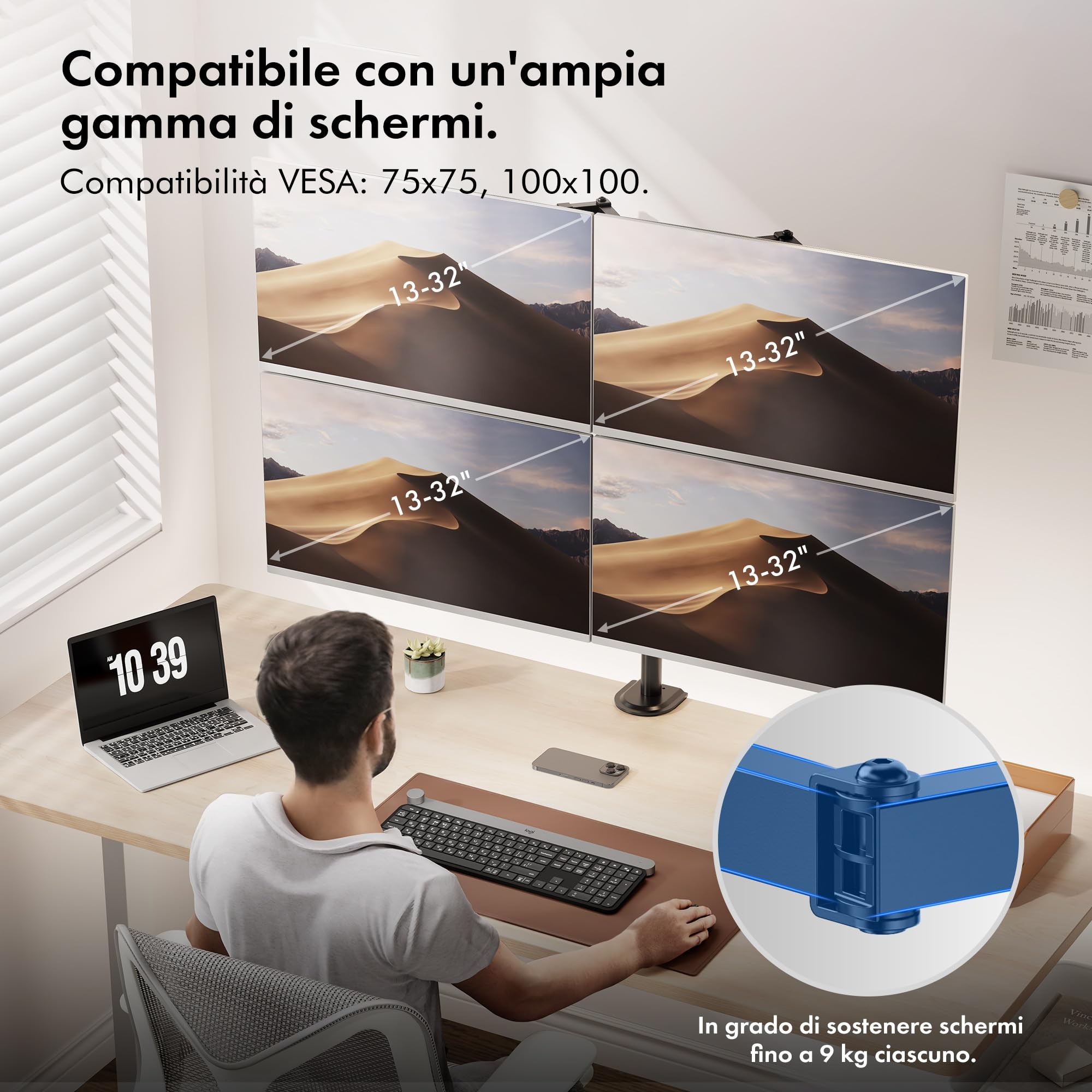 VonHaus supporto monitor 4 schermi 13-32" VESA acciaio