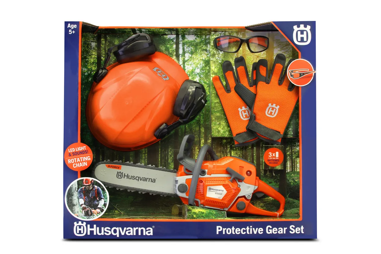 Husqvarna 550XP motosega giocattolo bambini con casco e guanti