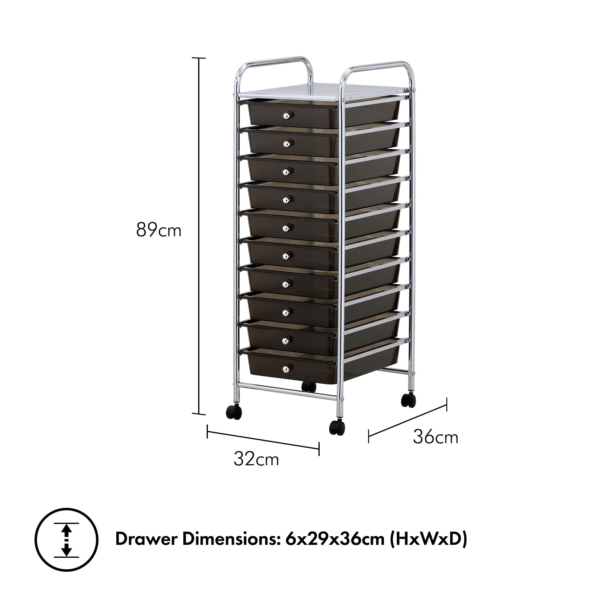 Vonhaus Carrello 10 Cassetti Nero con Ruote 89 cm