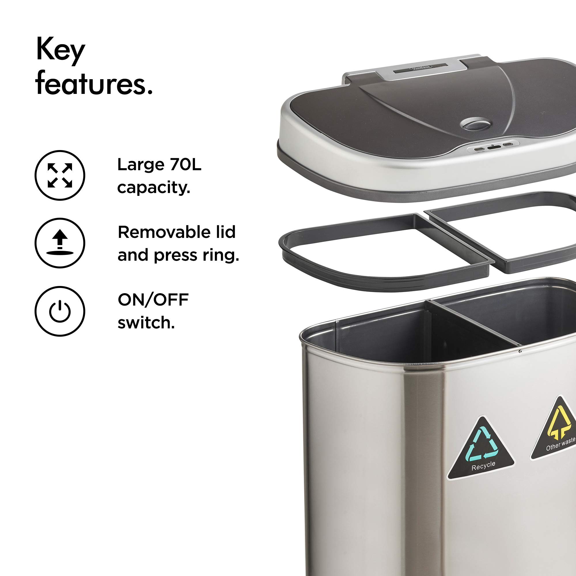 VonHaus bidone sensore 70L inox 2 scomparti automatico