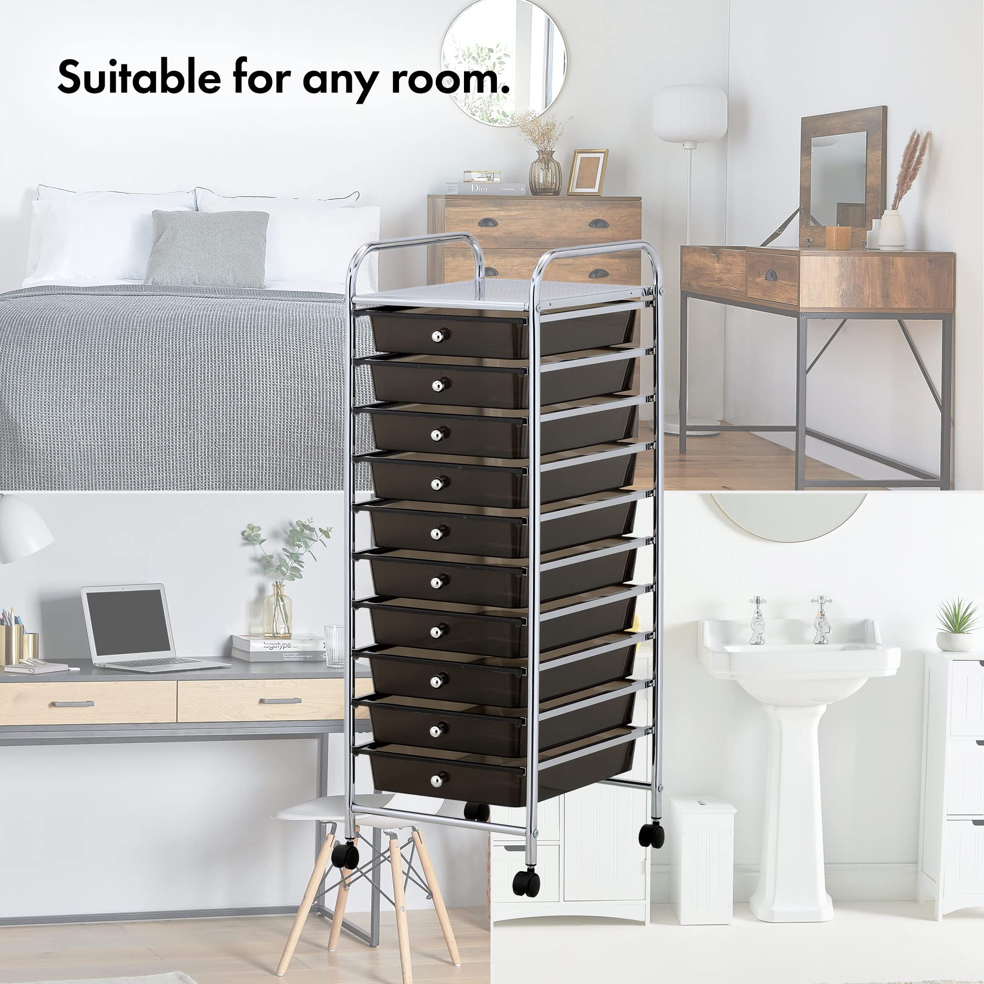 Vonhaus Carrello 10 Cassetti Nero con Ruote 89 cm