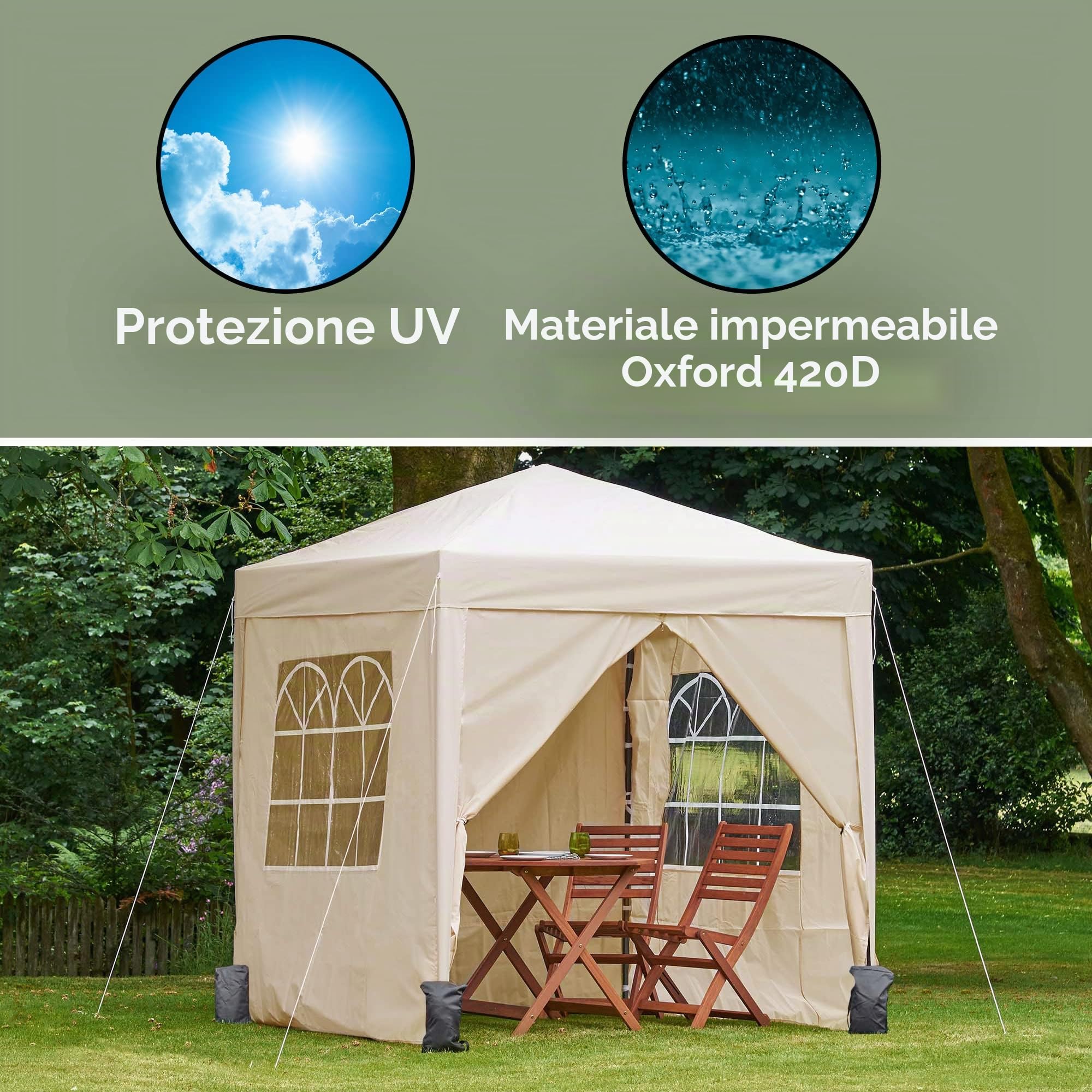 VonHaus Gazebo Pop-Up 2x2 m Impermeabile Crema con 4 Pareti