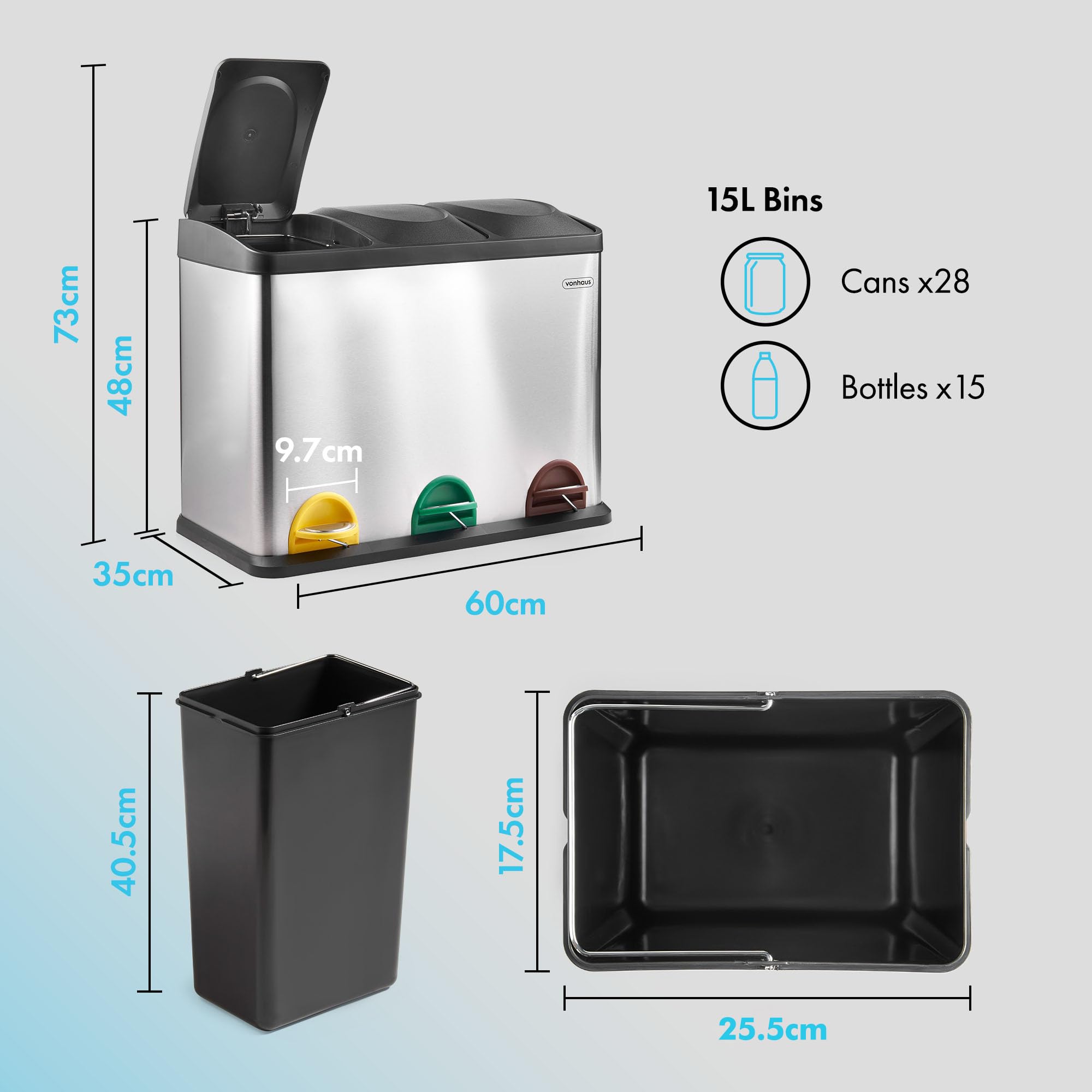 VonHaus Cestino Differenziata Acciaio 45 L 3 Scomparti