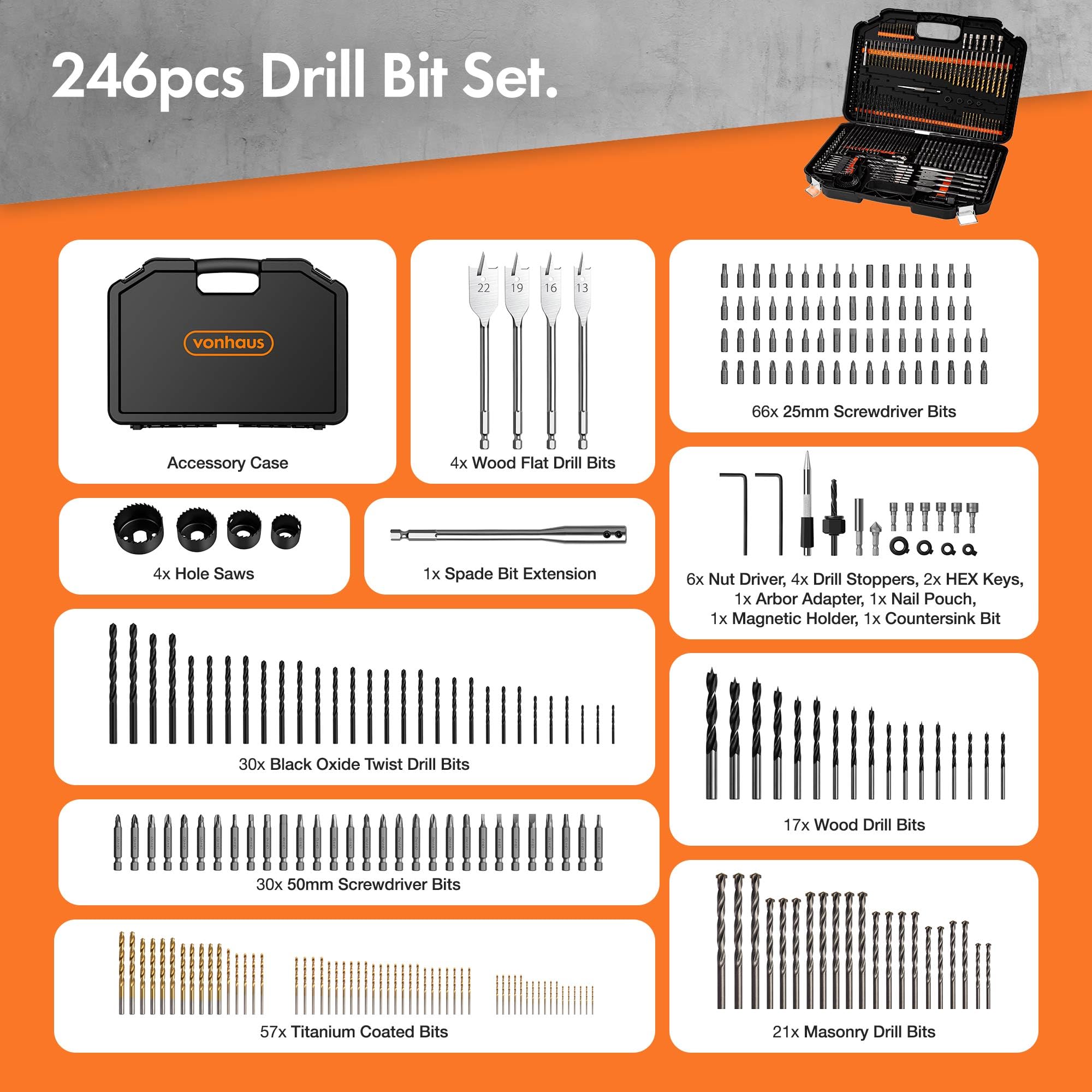 VonHaus Set Punte Trapano 246 Pezzi HSS Legno Metallo