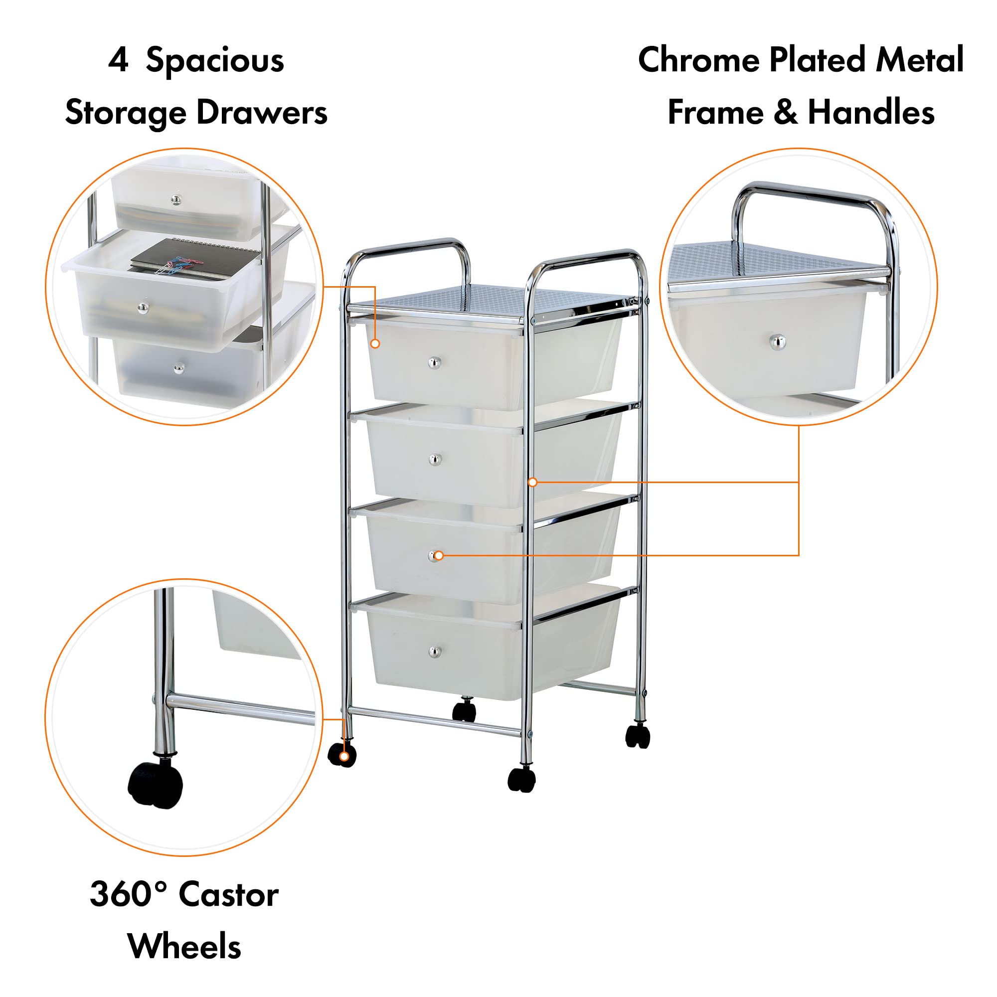 VonHaus Carrello 4 Cassetti Bianco con Ruote Salvaspazio