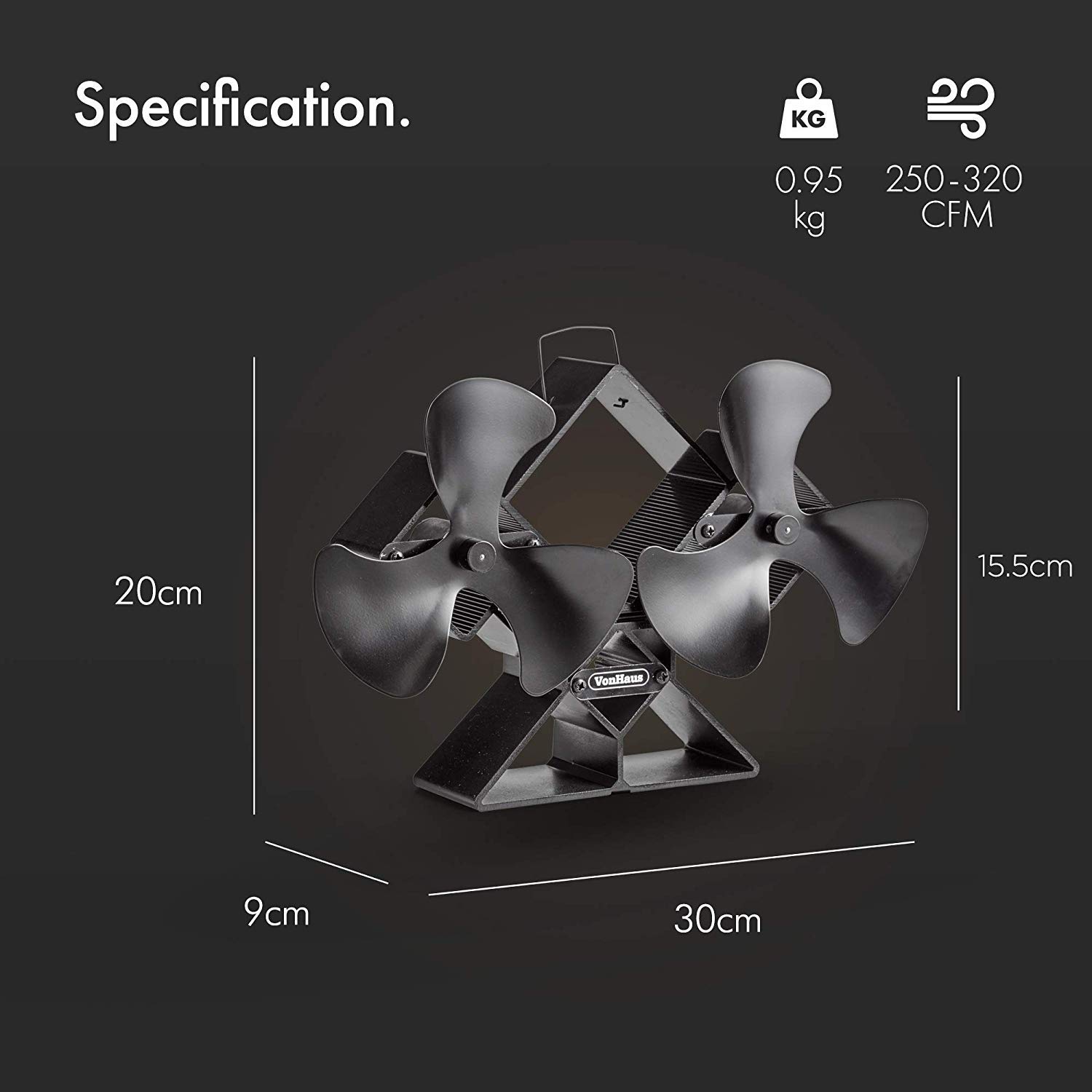 Vonhaus Ventilatore Stufa Doppio 6 Pale 250-320 CFM Nero