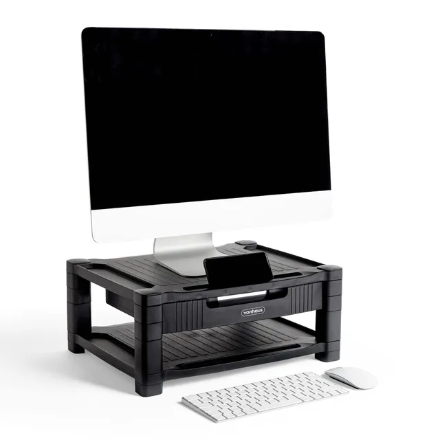 VonHaus Supporto Monitor Scrivania Nero 2 Ripiani con Cassetto
