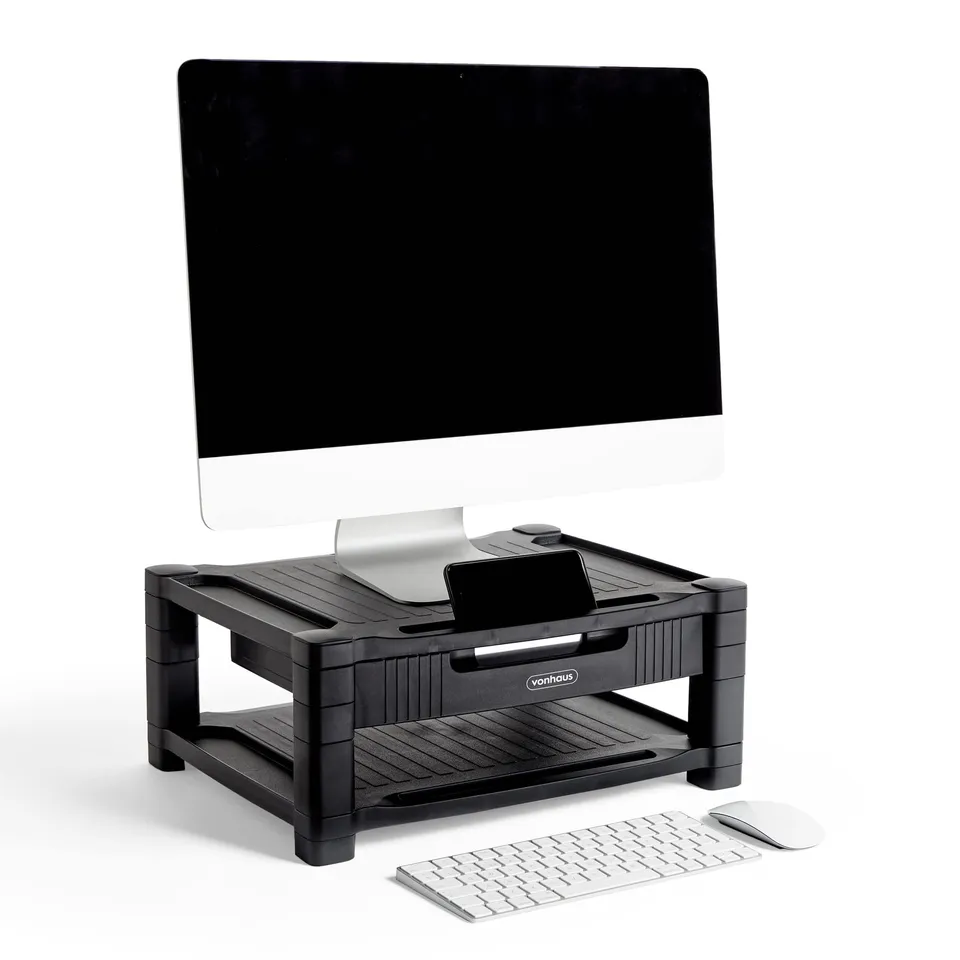 VonHaus Supporto Monitor Scrivania Nero 2 Ripiani con Cassetto
