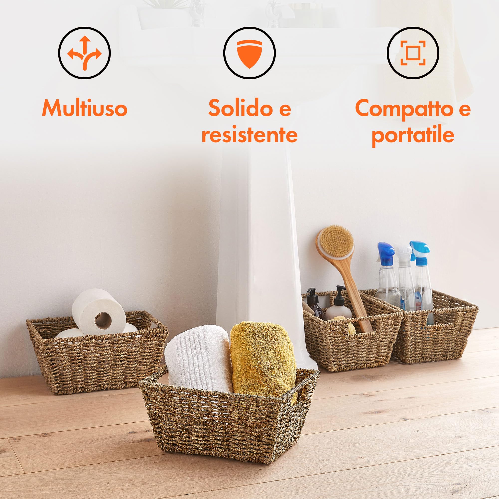 VonHaus Set 4 Cesti Seagrass Intrecciati con Manici