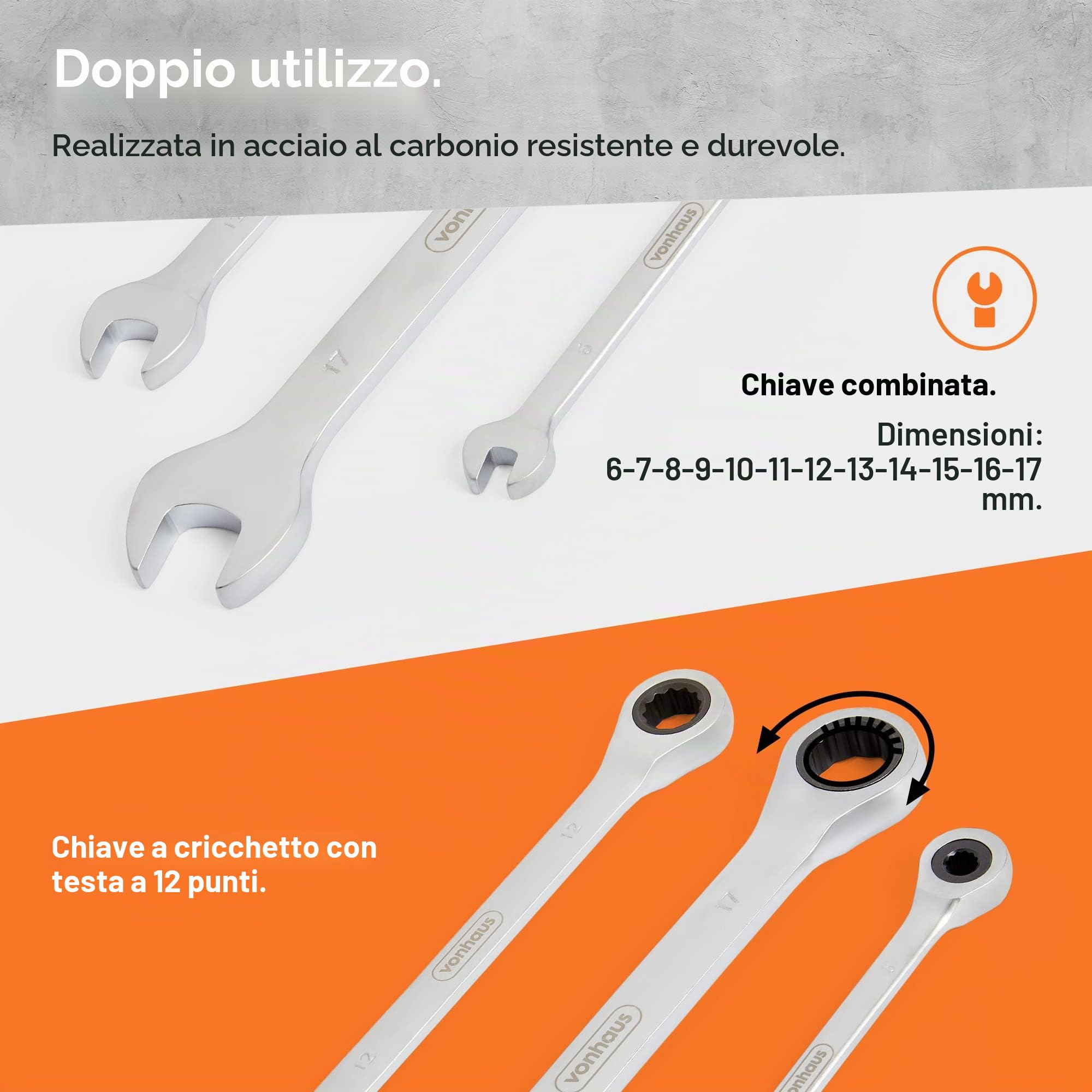 VonHaus Set Chiavi Combinate 12 Pezzi 6-17 mm con Valigetta