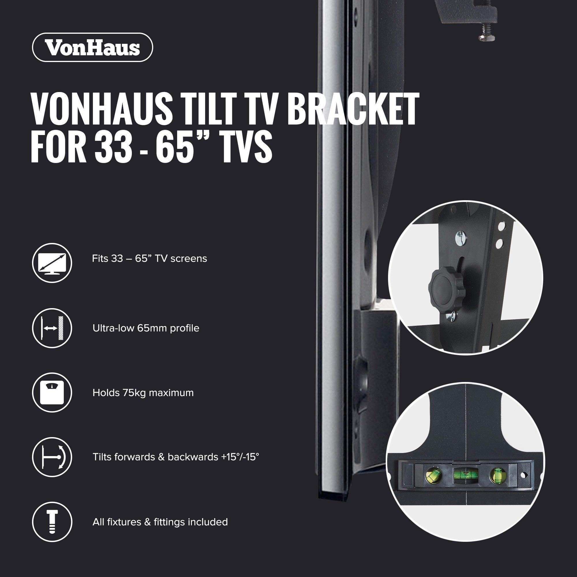 VonHaus Staffa TV a Parete 33-60 Pollici Inclinabile 75 kg