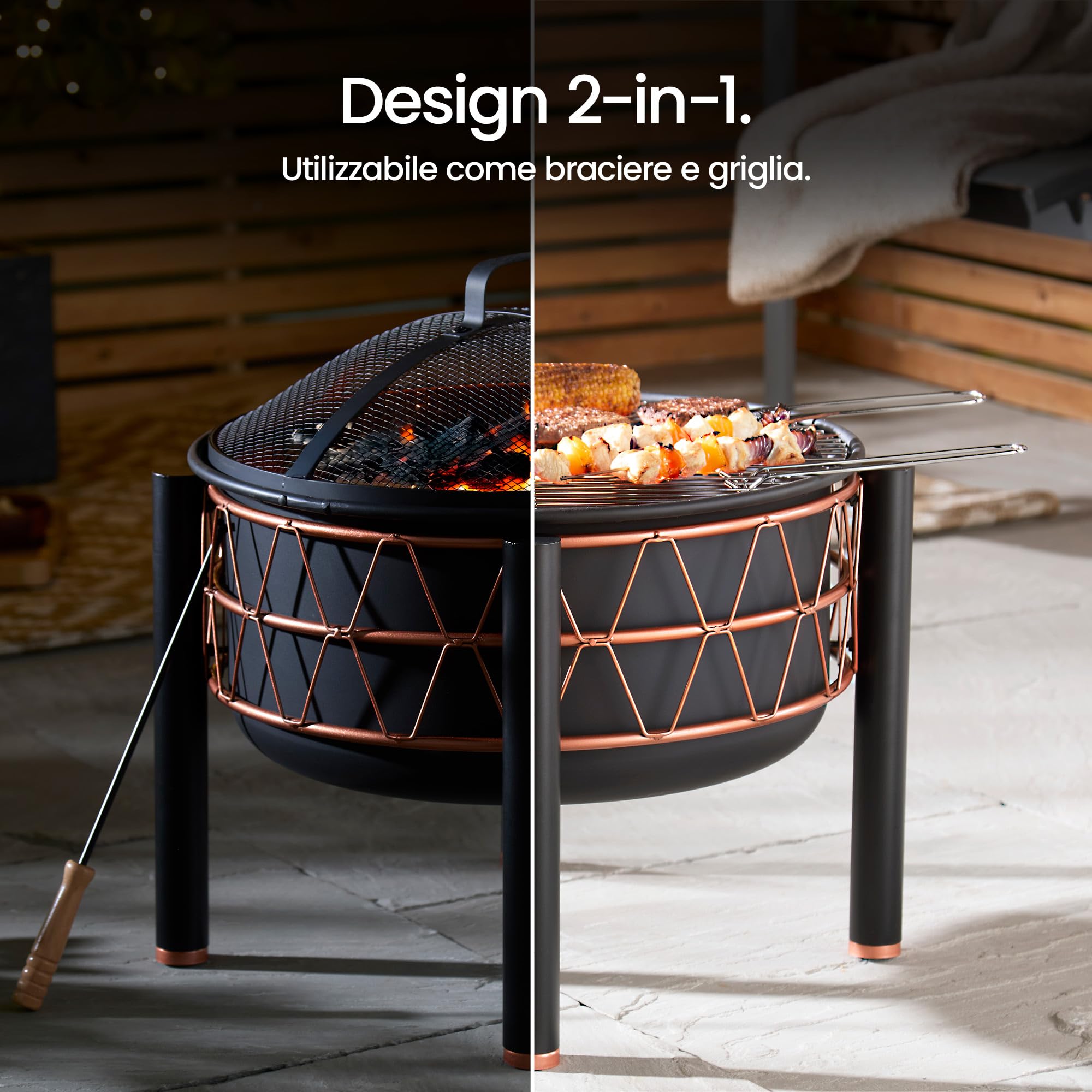 VonHaus Braciere BBQ 2 in 1 acciaio nero rame 54 cm