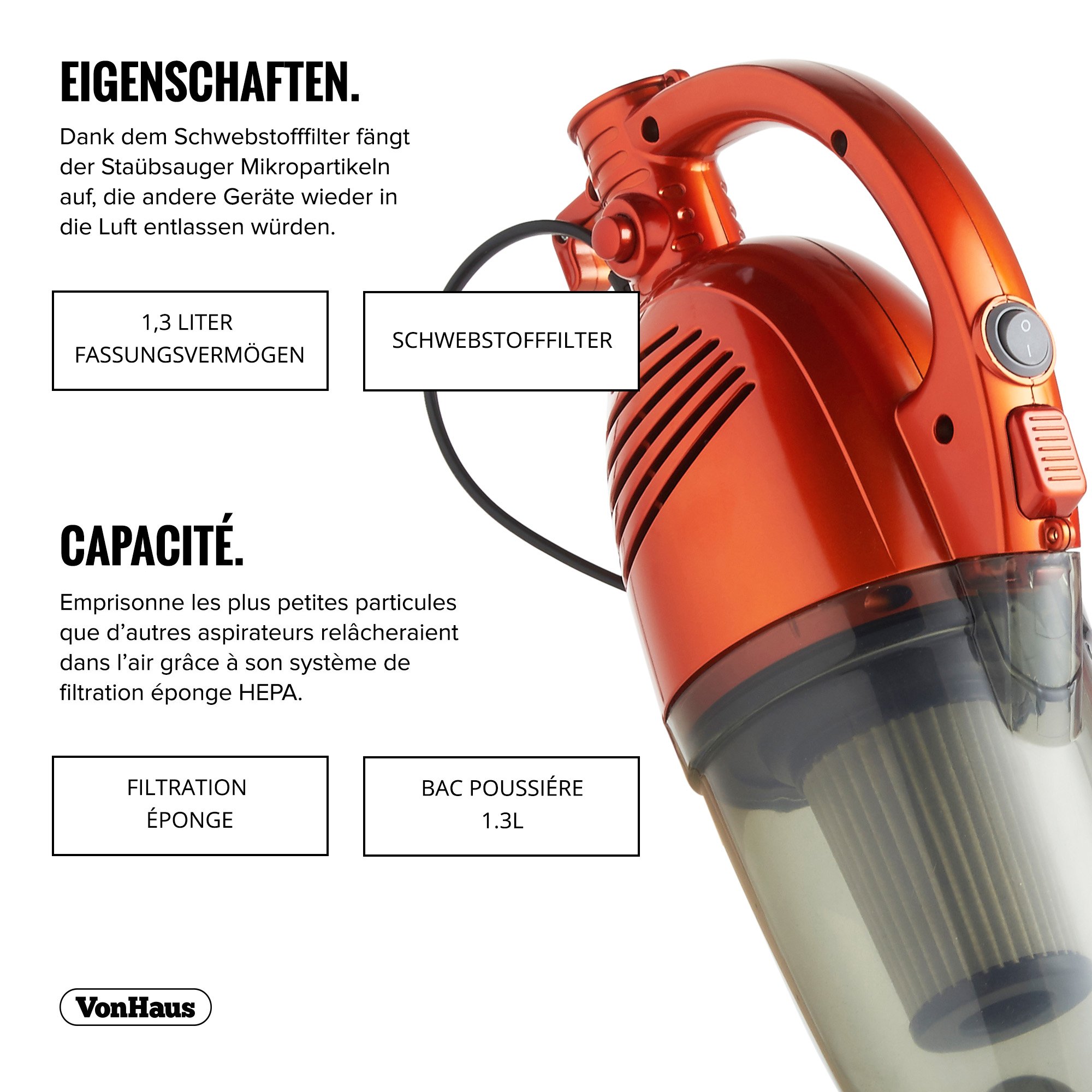 VonHaus Aspirapolvere Verticale 1000W 2 in 1 HEPA 1,3 L Senza Sacco