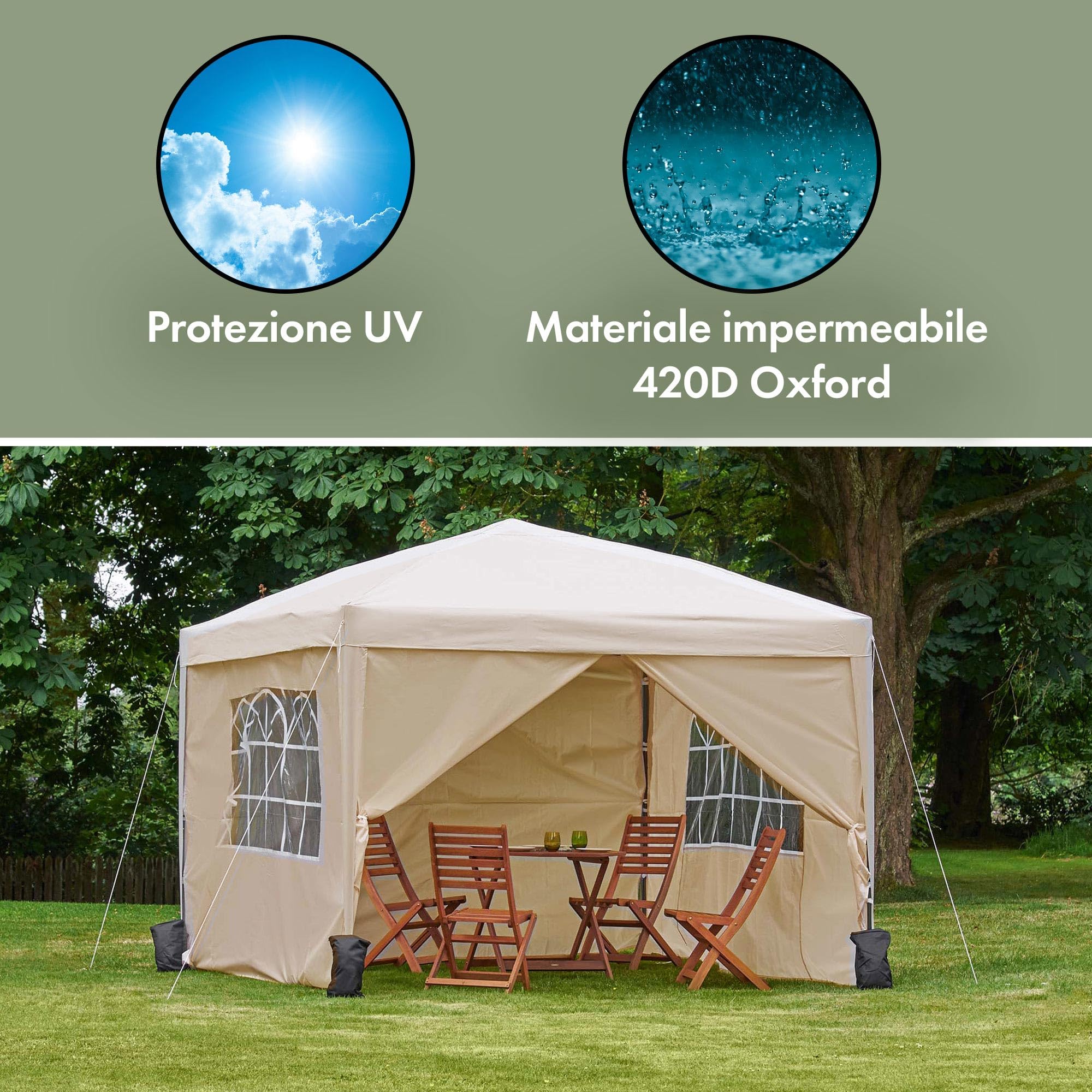 VonHaus Gazebo Pieghevole 3x3 m Crema con 4 Pareti
