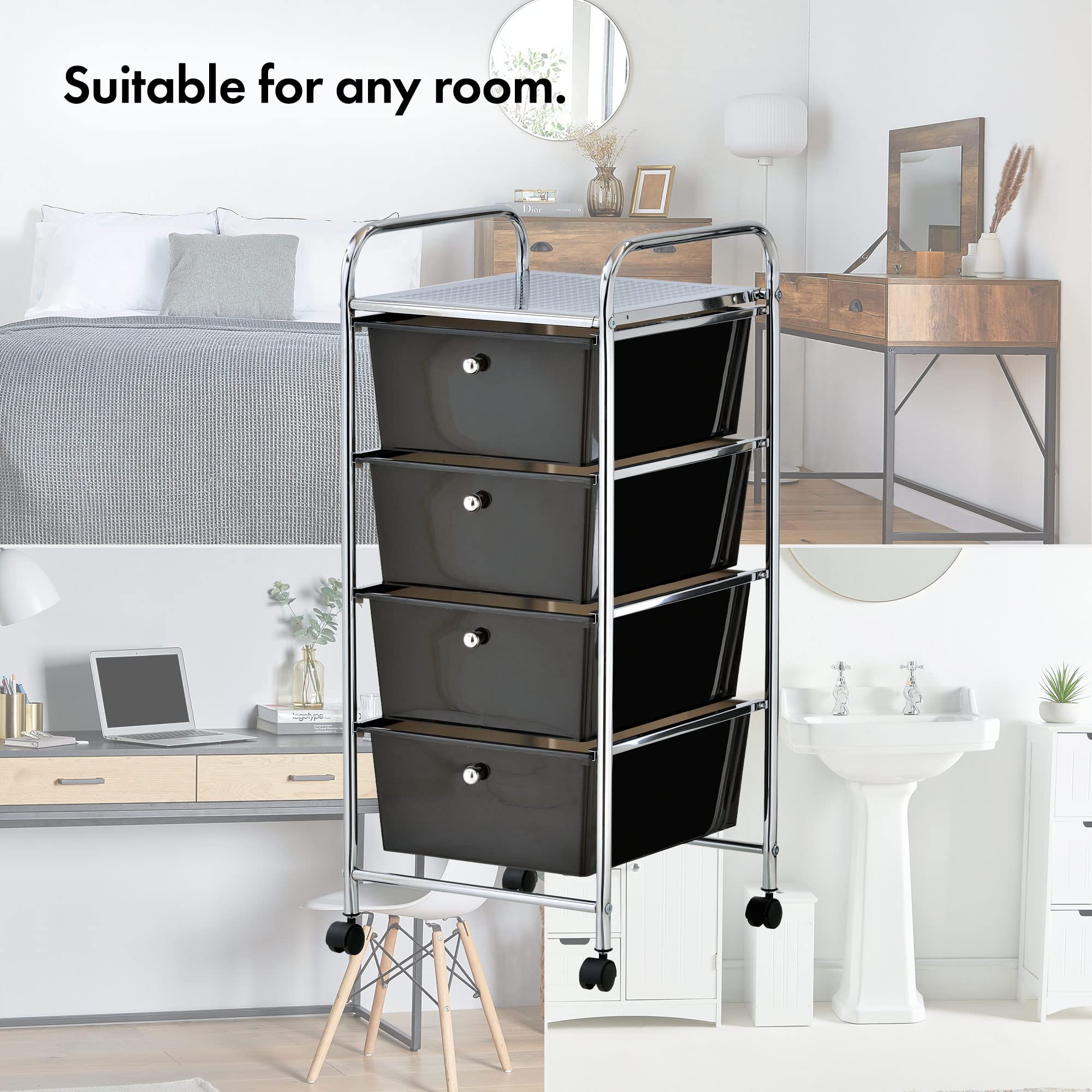 VonHaus Carrello 4 Cassetti Nero Ruote Ufficio