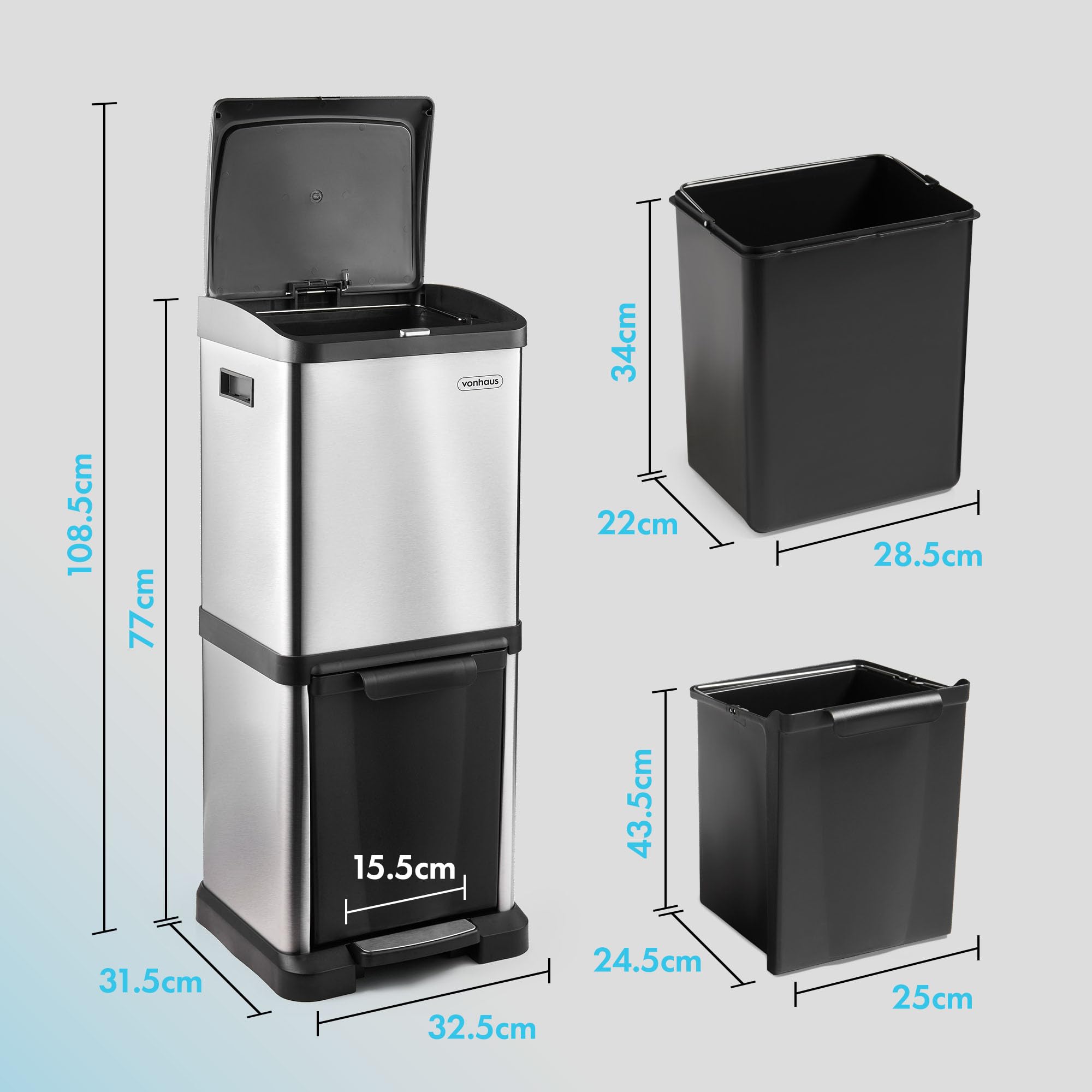 VonHaus pattumiera 2 scomparti inox 34 L verticale