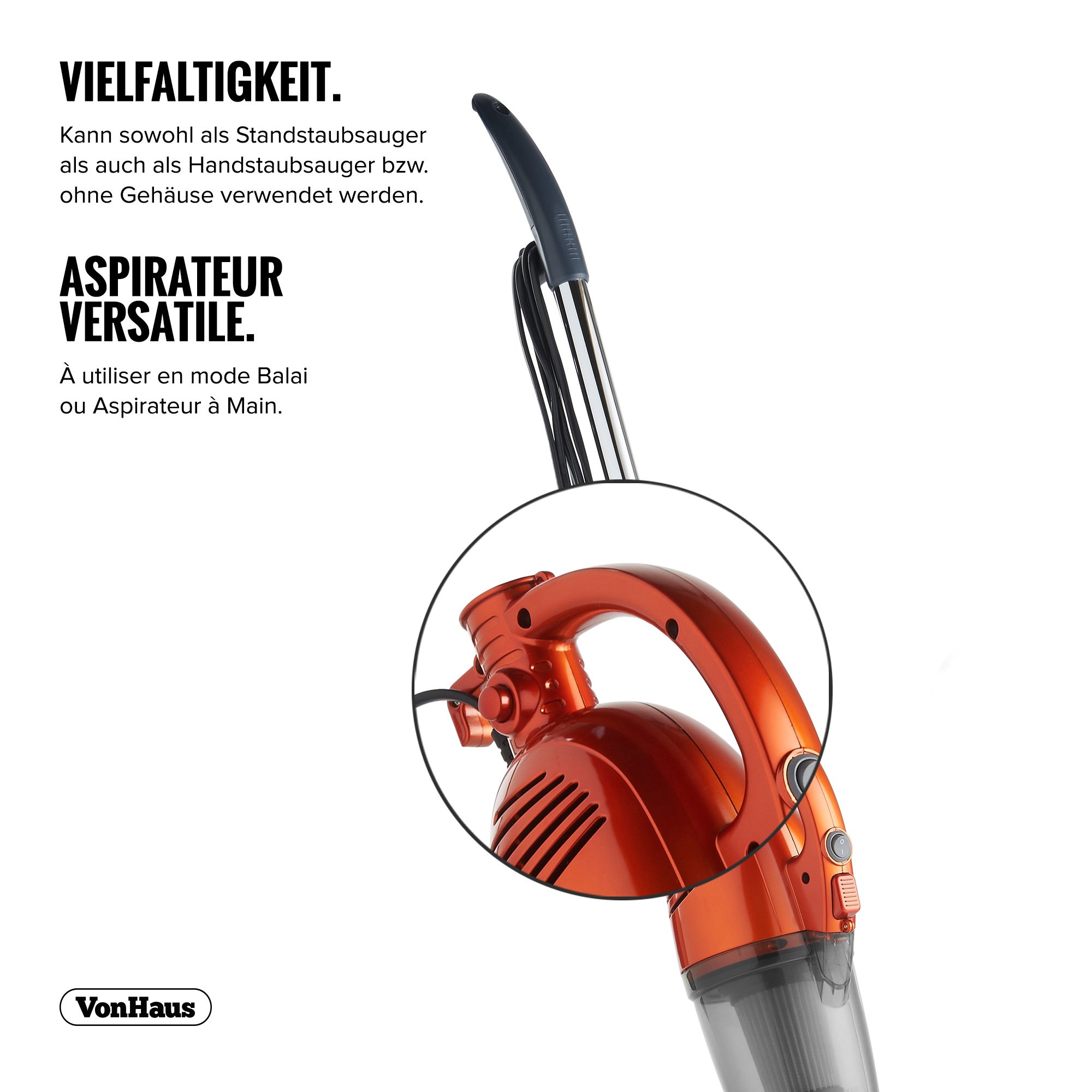 VonHaus Aspirapolvere Verticale 1000W 2 in 1 HEPA 1,3 L Senza Sacco