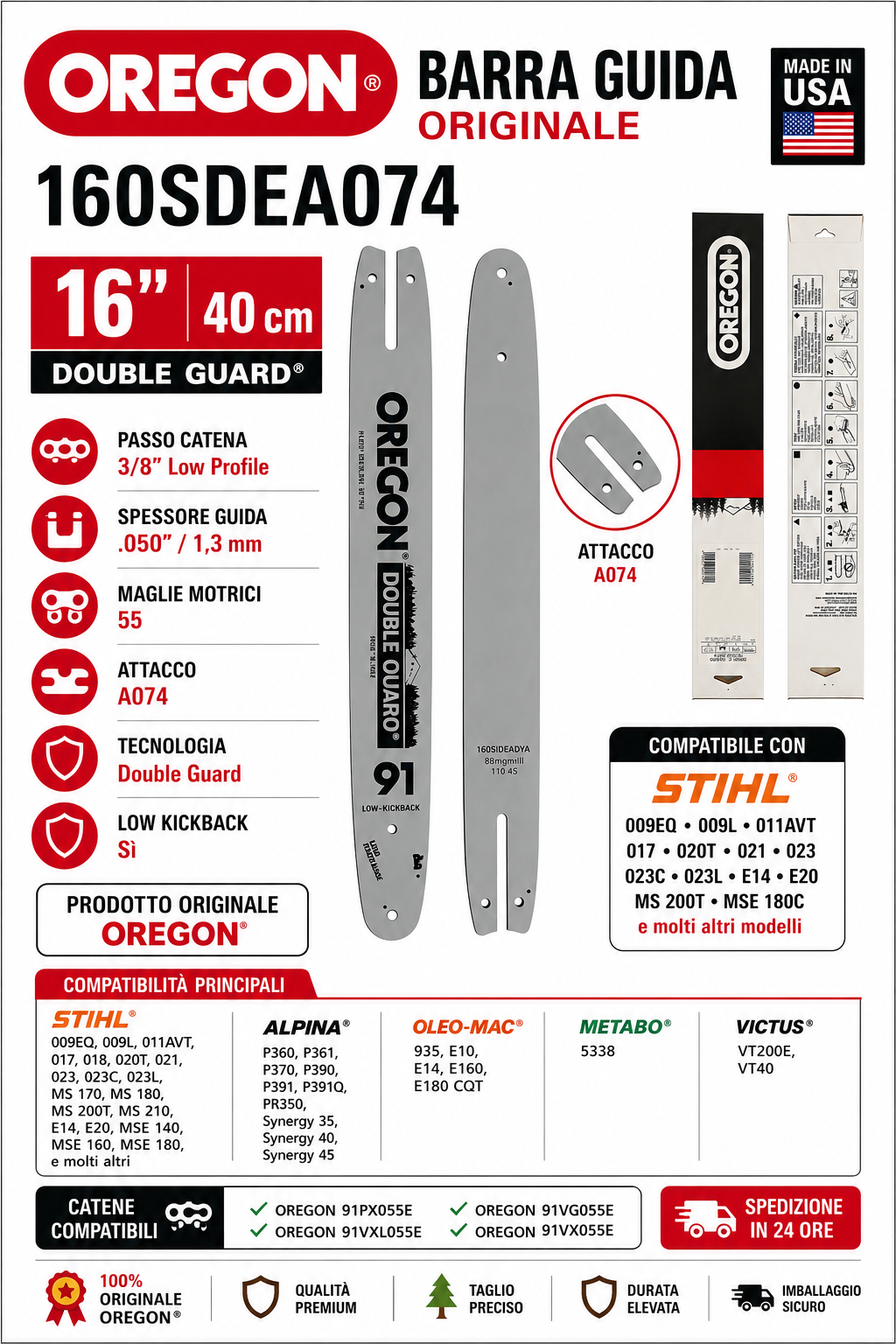 Oregon 160SDEA074 Double Guard barra guida 40 cm 55 maglie