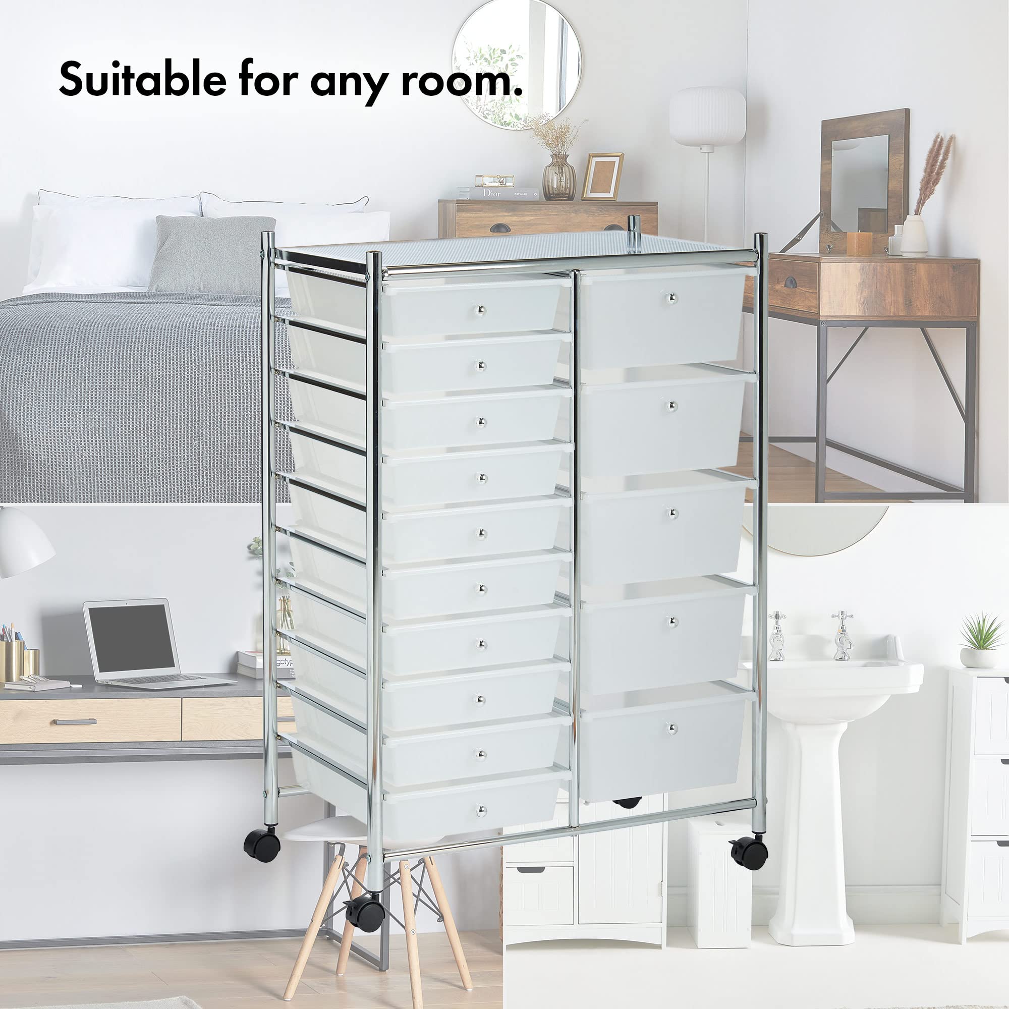 VonHaus Carrello 15 Cassetti Bianco con Ruote 76 cm