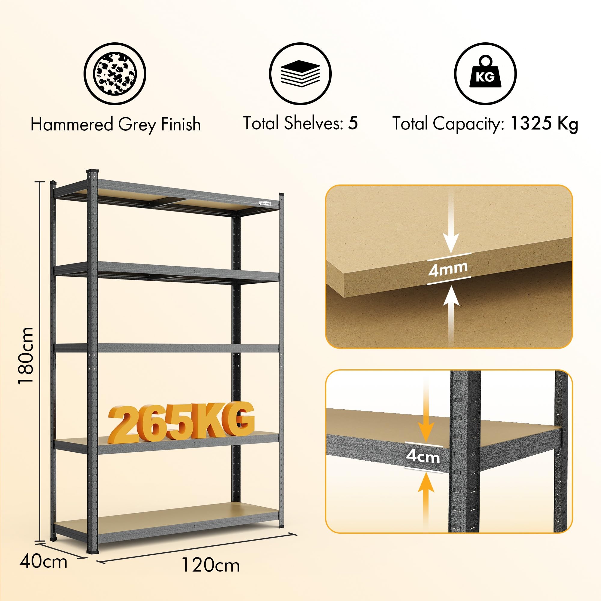 Vonhaus Scaffale 5 Ripiani Acciaio 180x120x40 Grigio 1325 kg