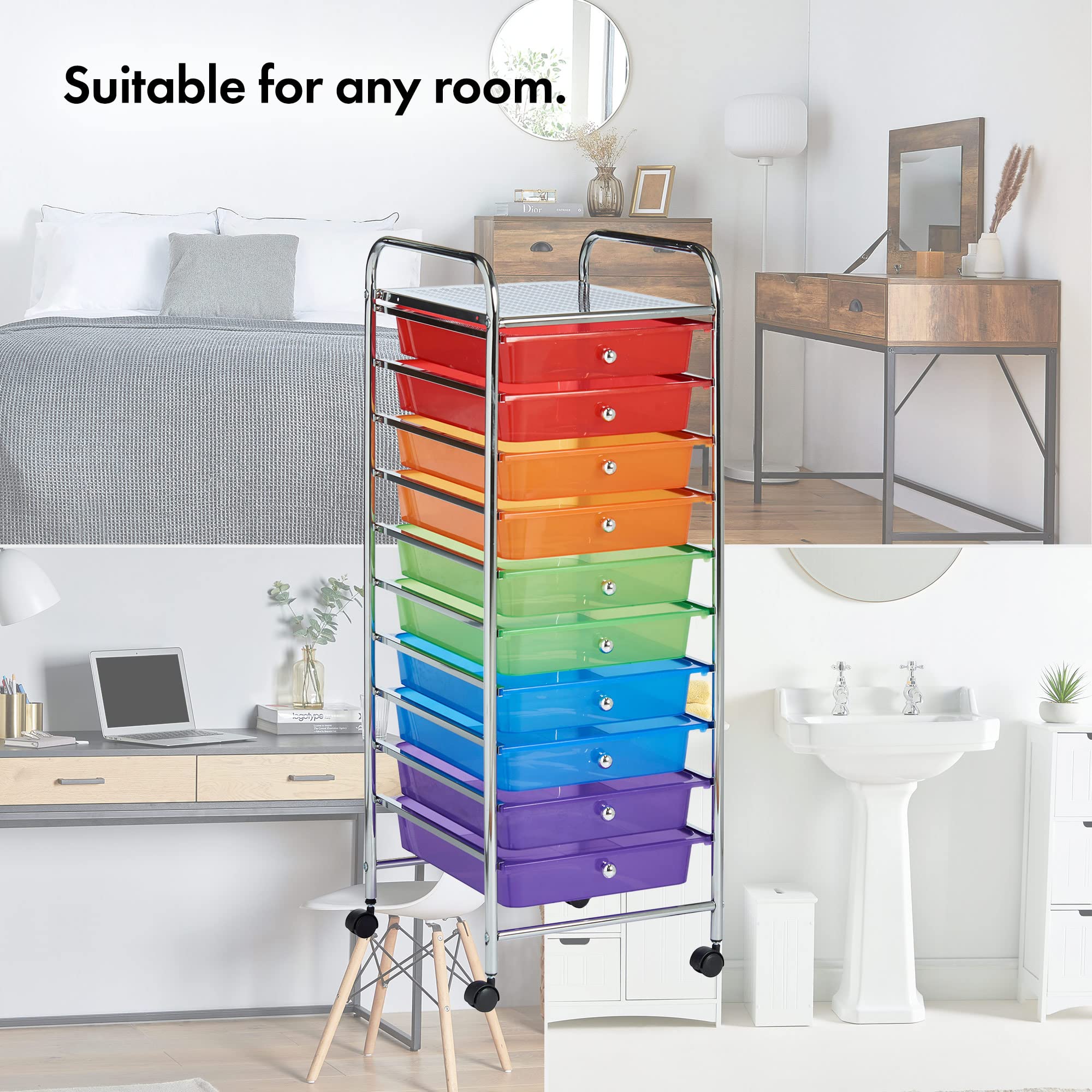 VonHaus Carrello 10 Cassetti Plastica 90x32x36,5 cm Ruote