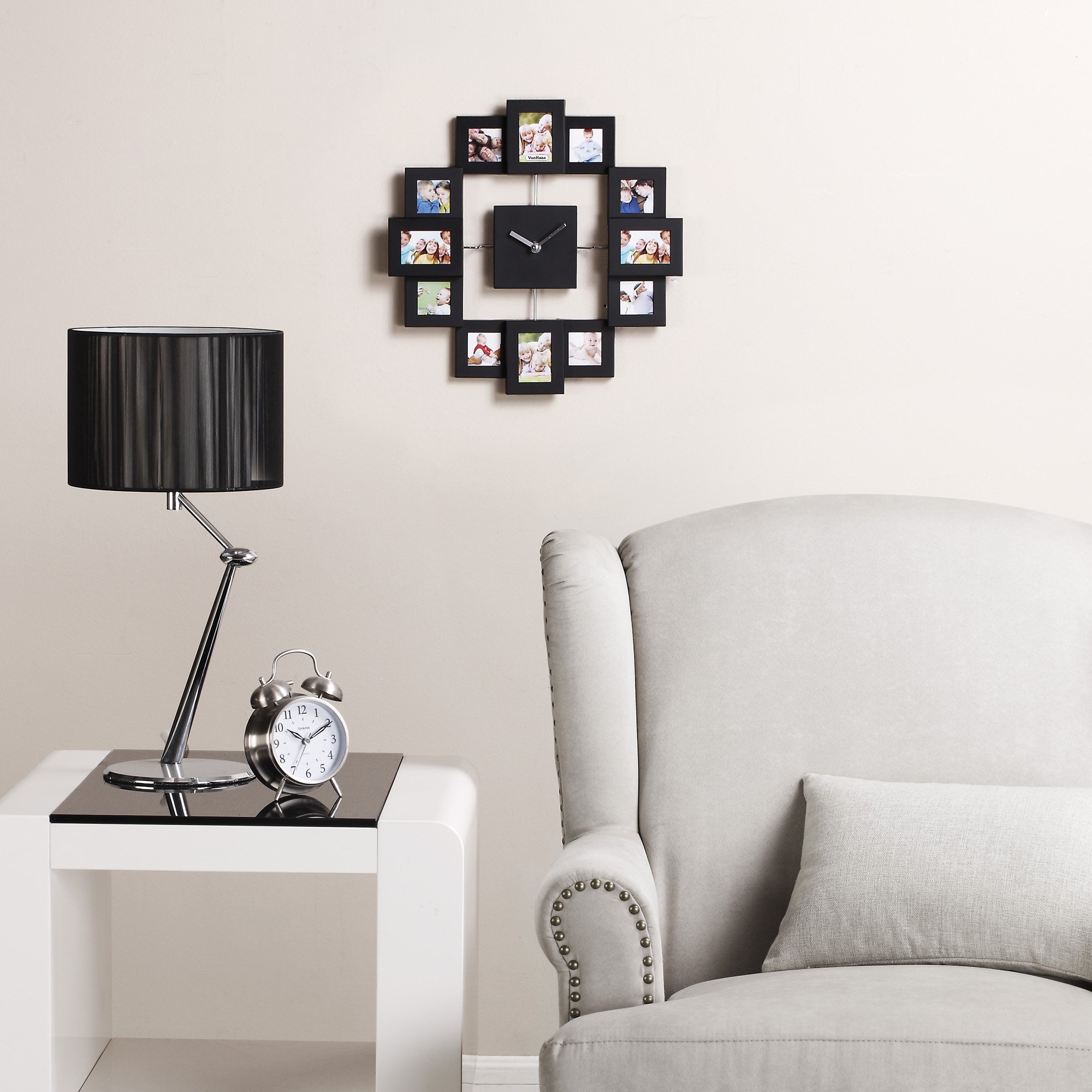 VonHaus Orologio Portafoto Nero 12 Cornici Quadrato