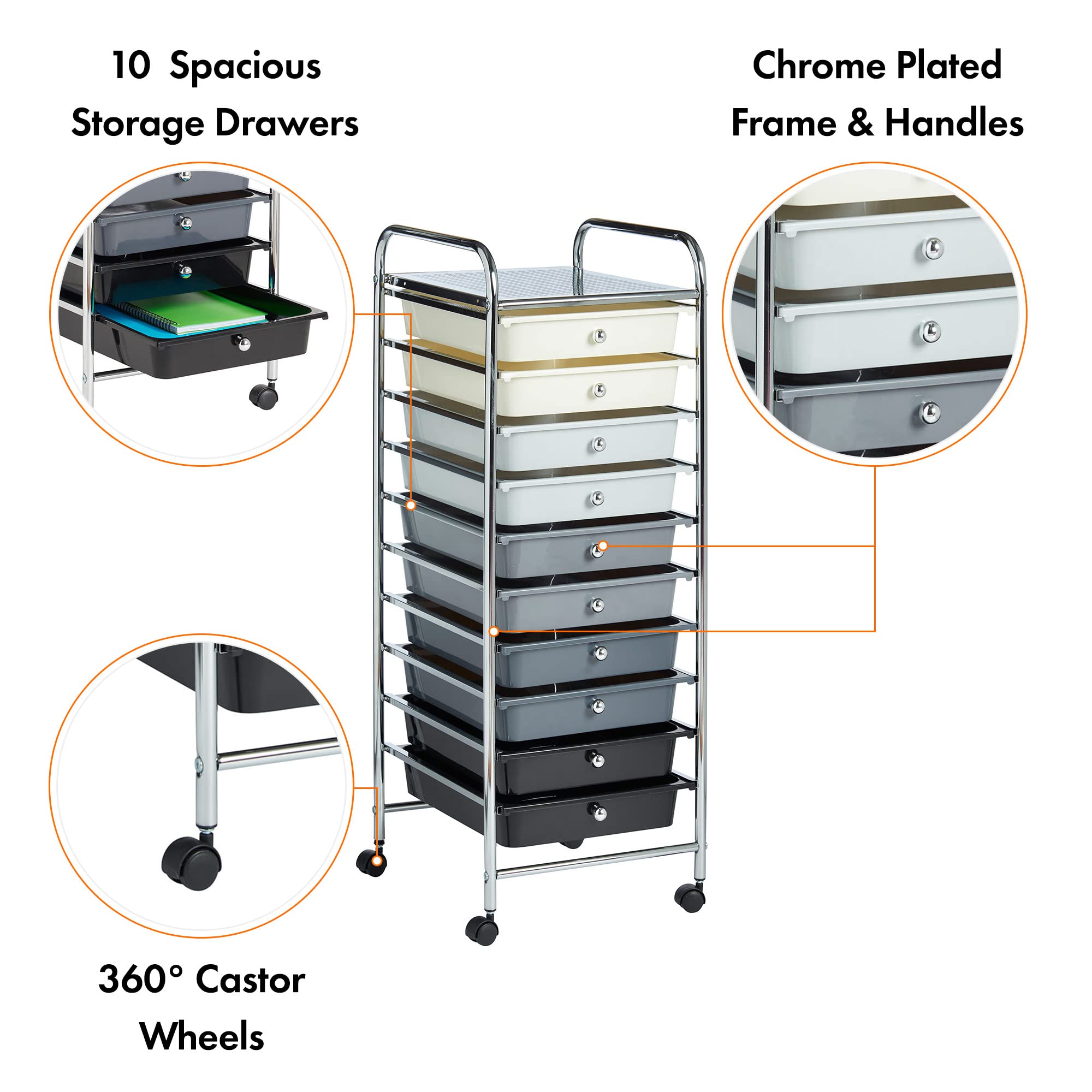 VonHaus Carrello 10 cassetti con ruote nero per ufficio