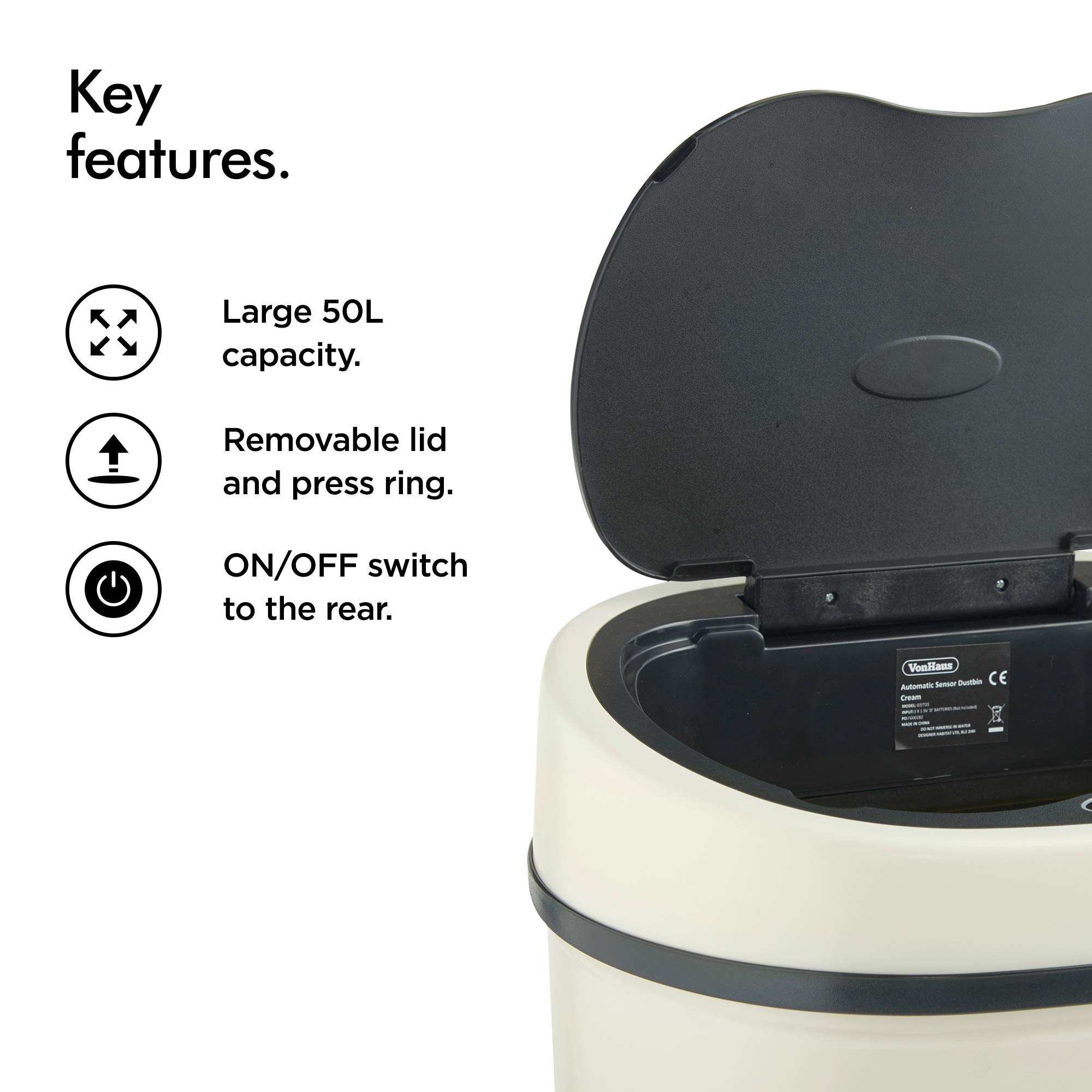 Vonhaus Pattumiera Automatica 50 Litri Crema Acciaio Inox