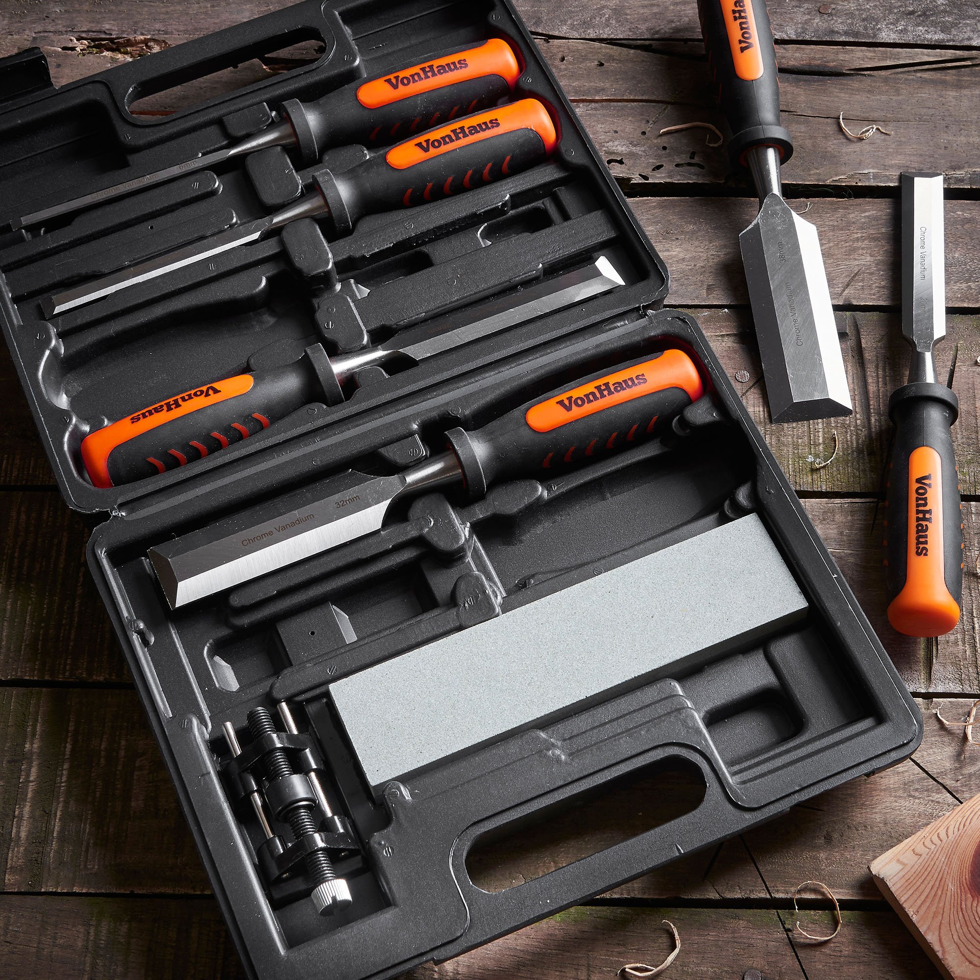 VonHaus set scalpelli legno 8 pezzi con guida e pietra