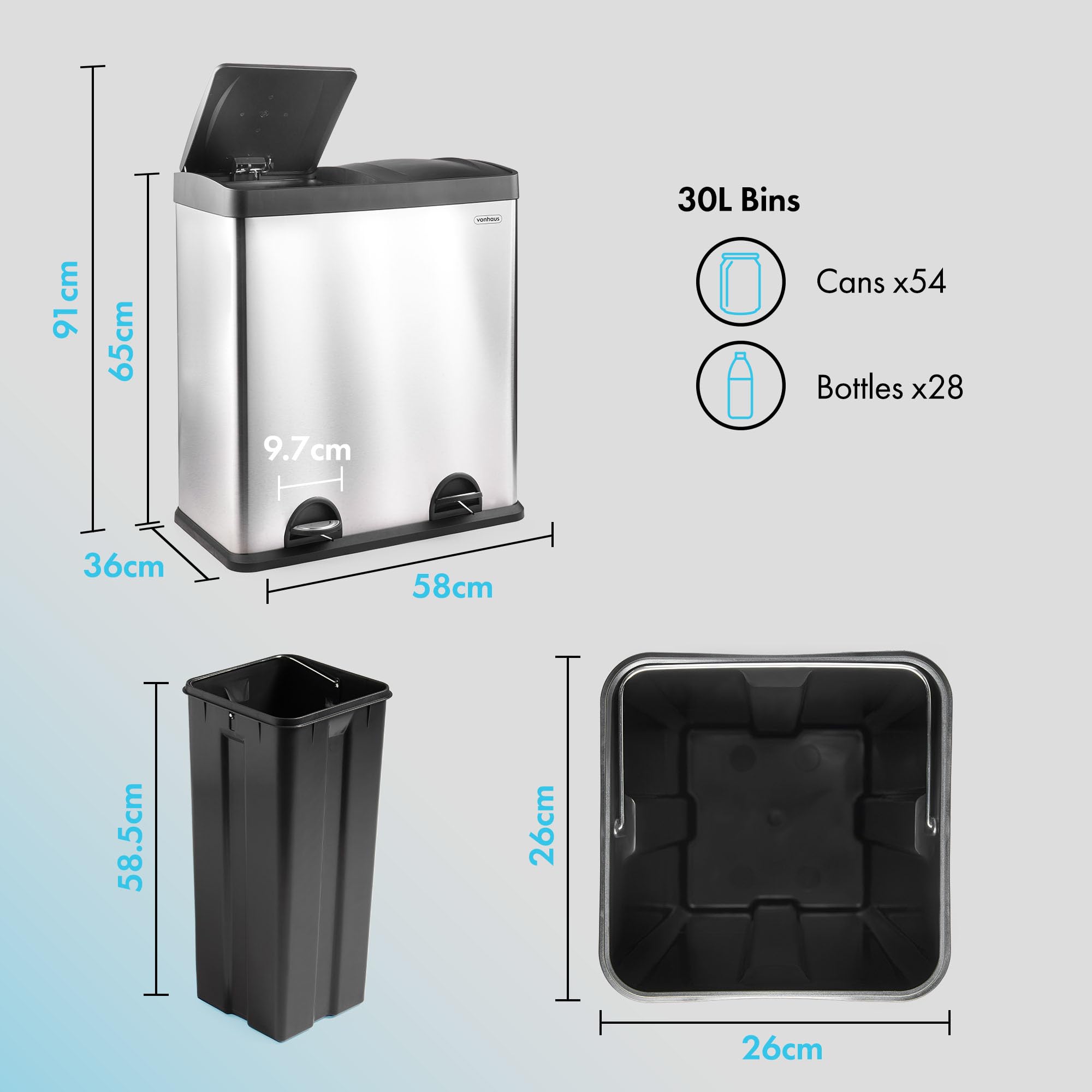 VonHaus pattumiera 2 scomparti inox 60 L a pedale
