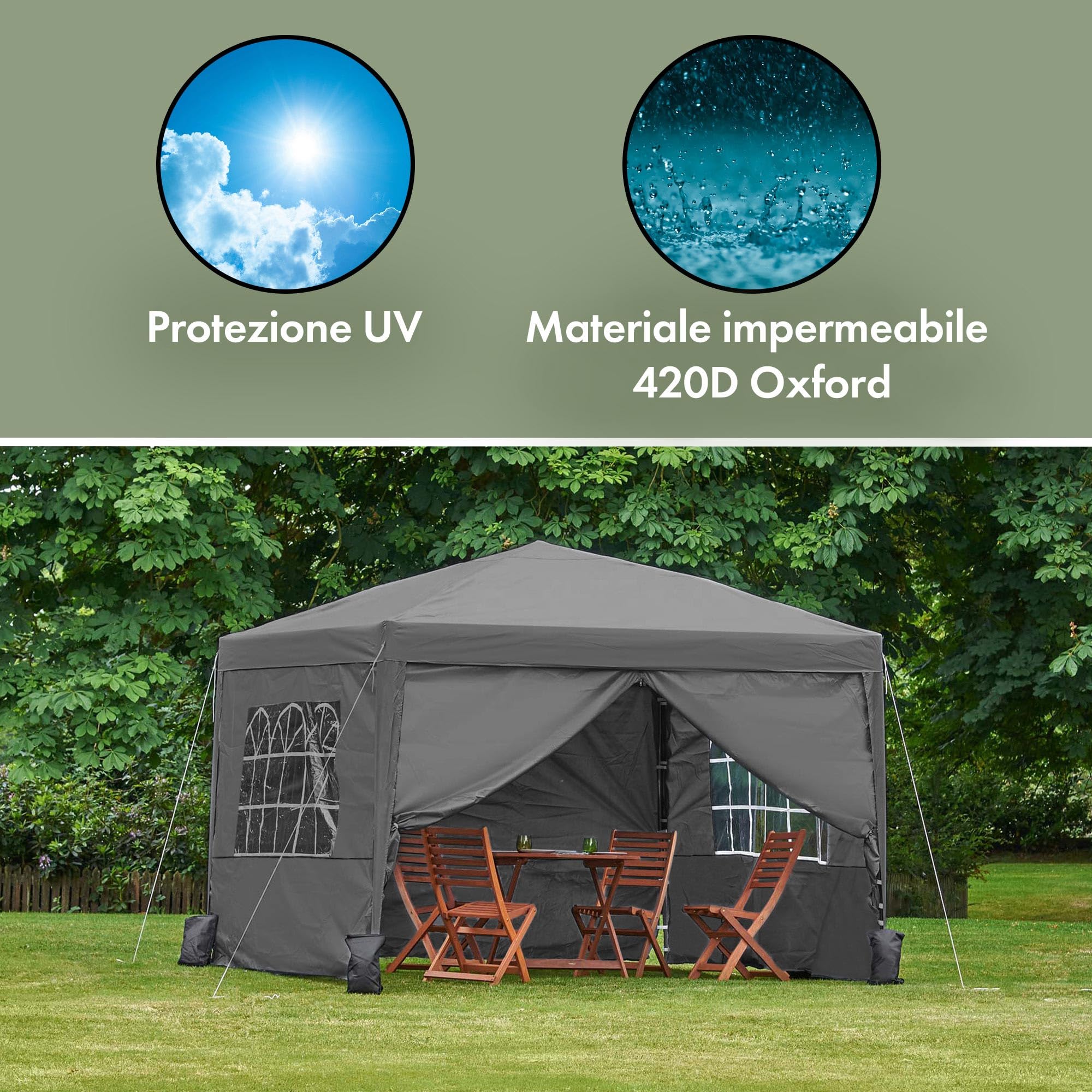 VonHaus Gazebo Pieghevole 3x3 m con 4 Pareti