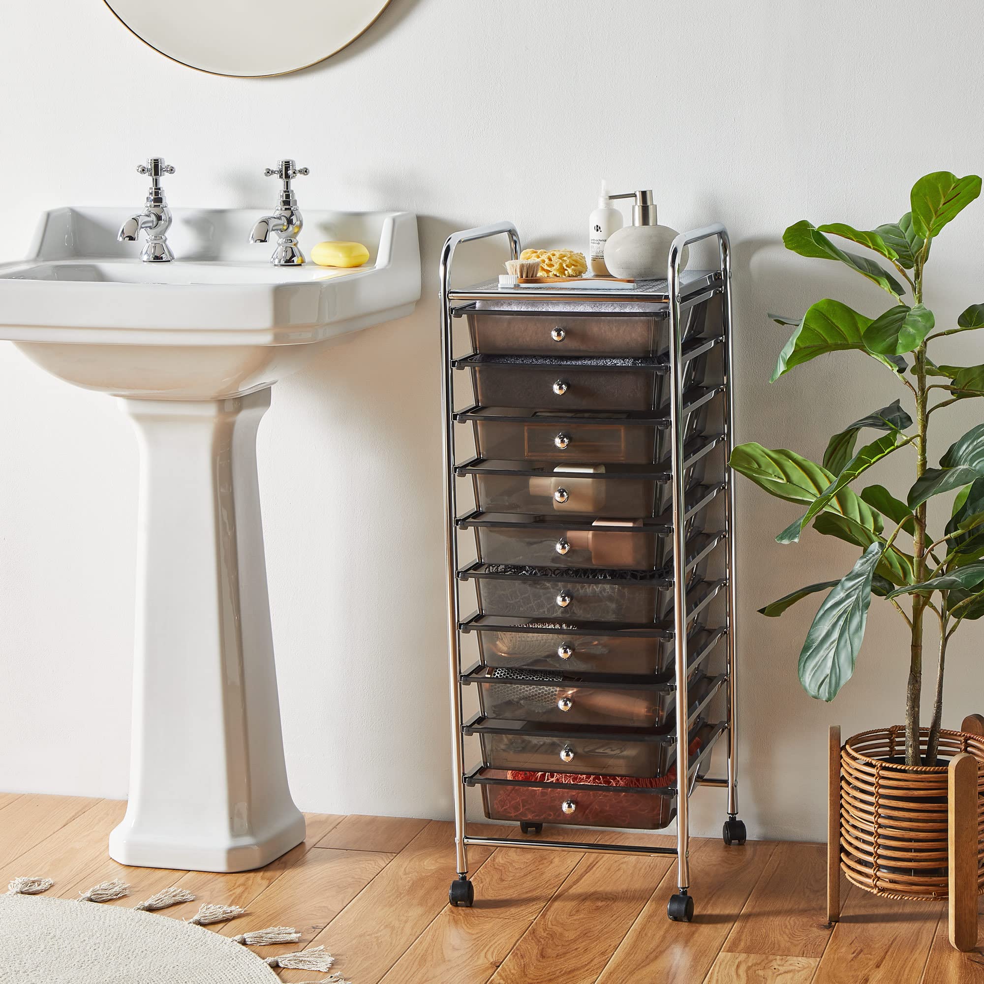 Vonhaus Carrello 10 Cassetti Nero con Ruote 89 cm