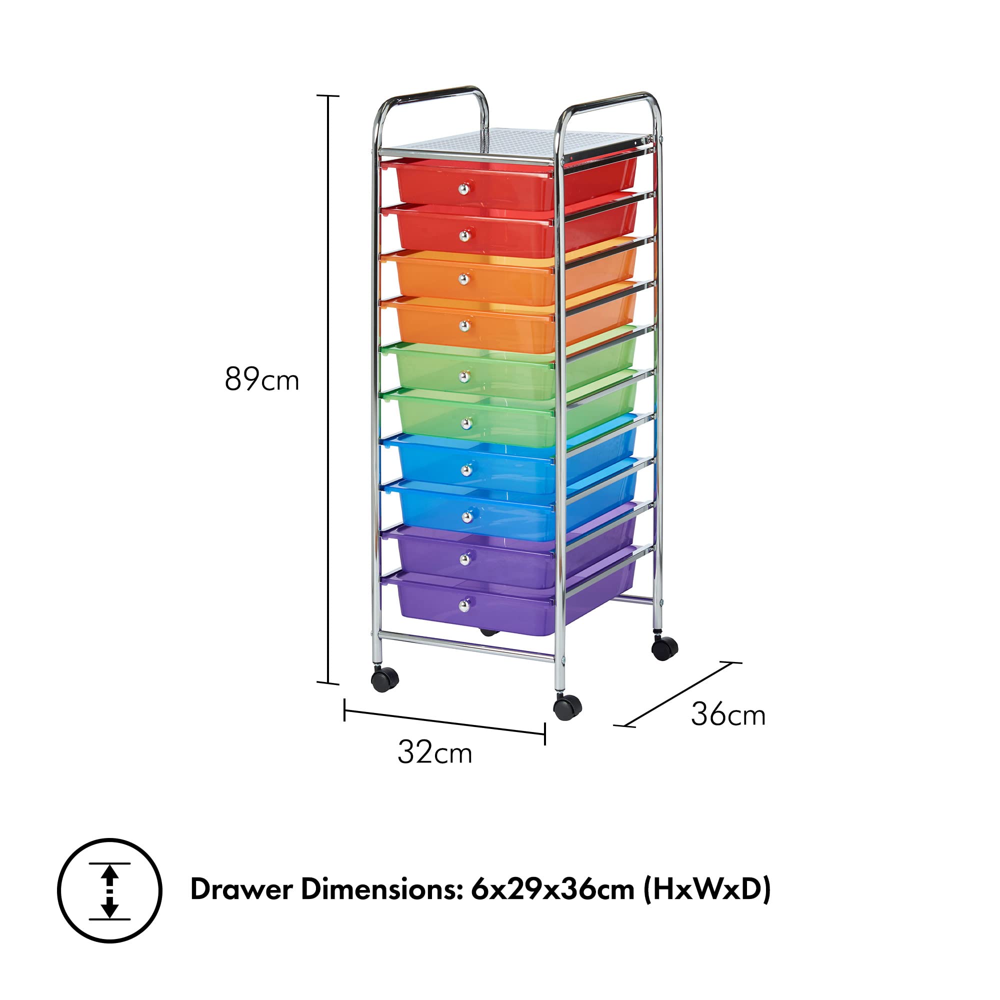 VonHaus Carrello 10 Cassetti Plastica 90x32x36,5 cm Ruote