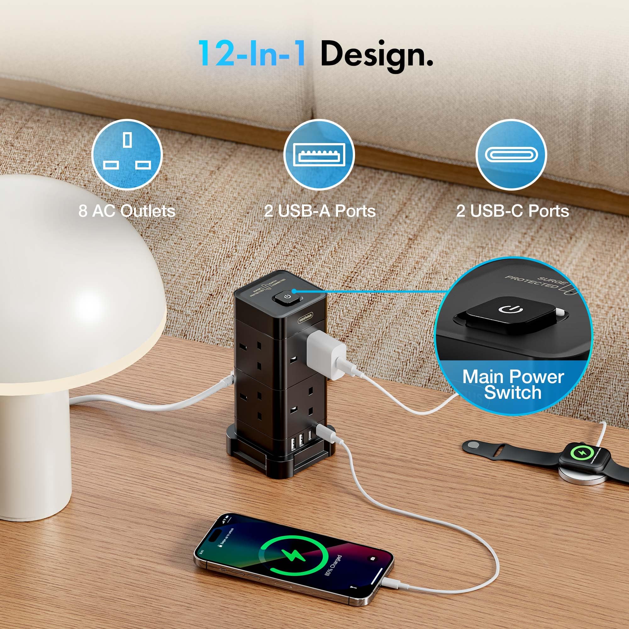 VonHaus Tower Socket multipresa torre 10 prese 2 m protetta