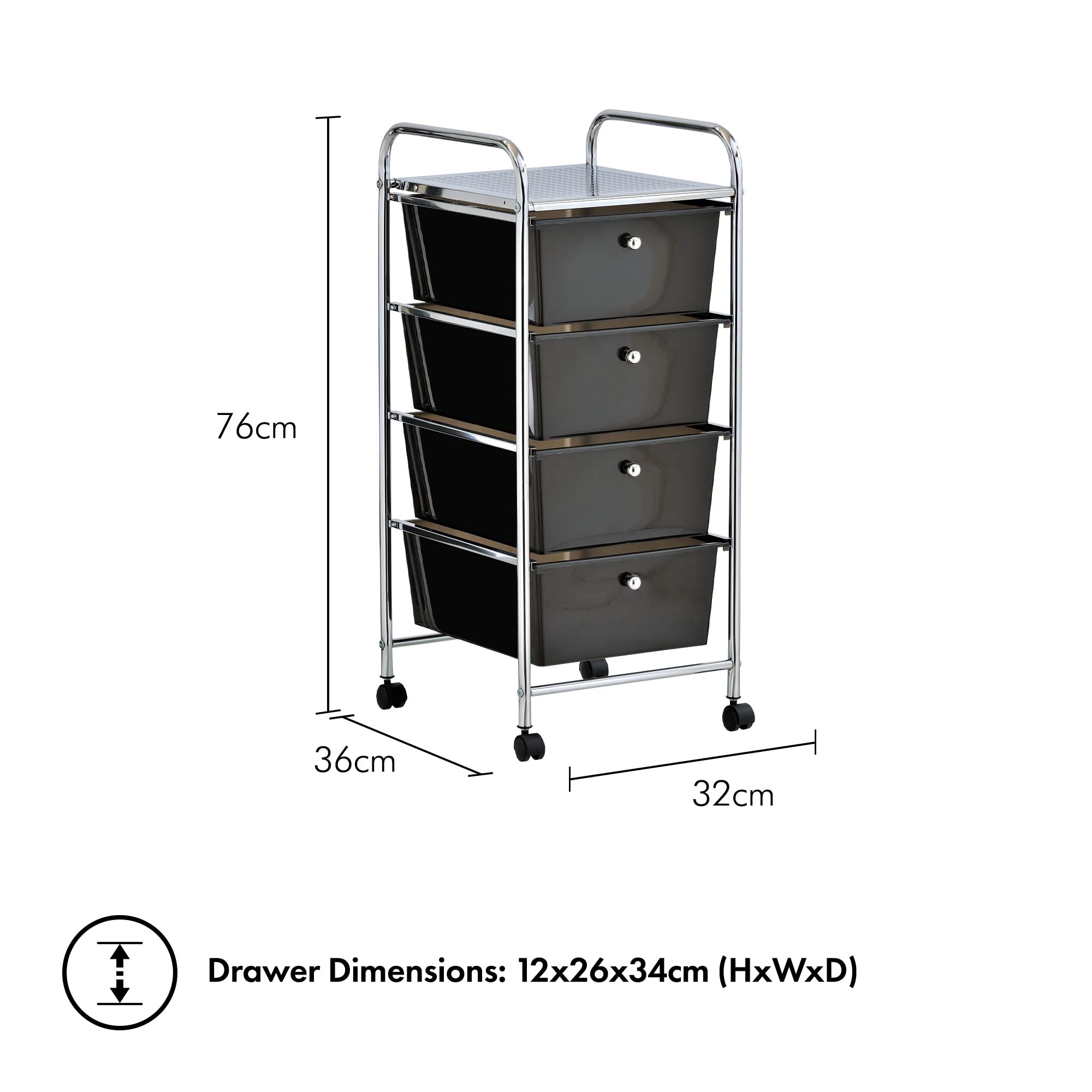 VonHaus Carrello 4 Cassetti Nero Ruote Ufficio