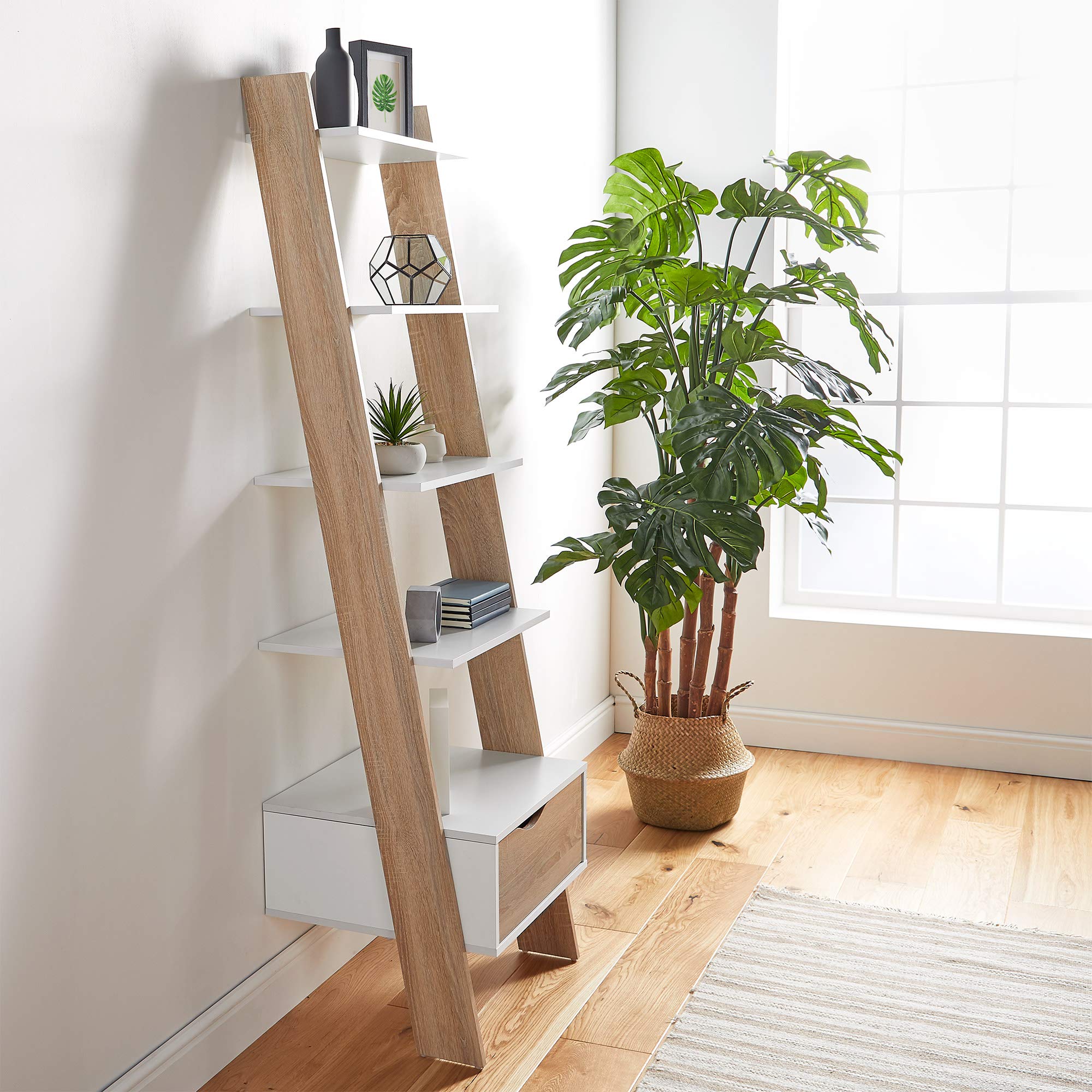 Vonhaus Libreria a Scala 5 Ripiani 1 Cassetto Bianco Rovere Sonoma