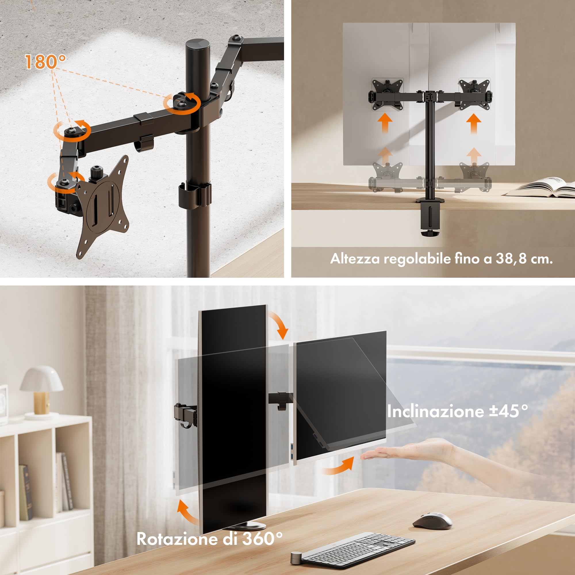 VonHaus Braccio Doppio Monitor 13-32" Regolabile VESA 75/100 Nero
