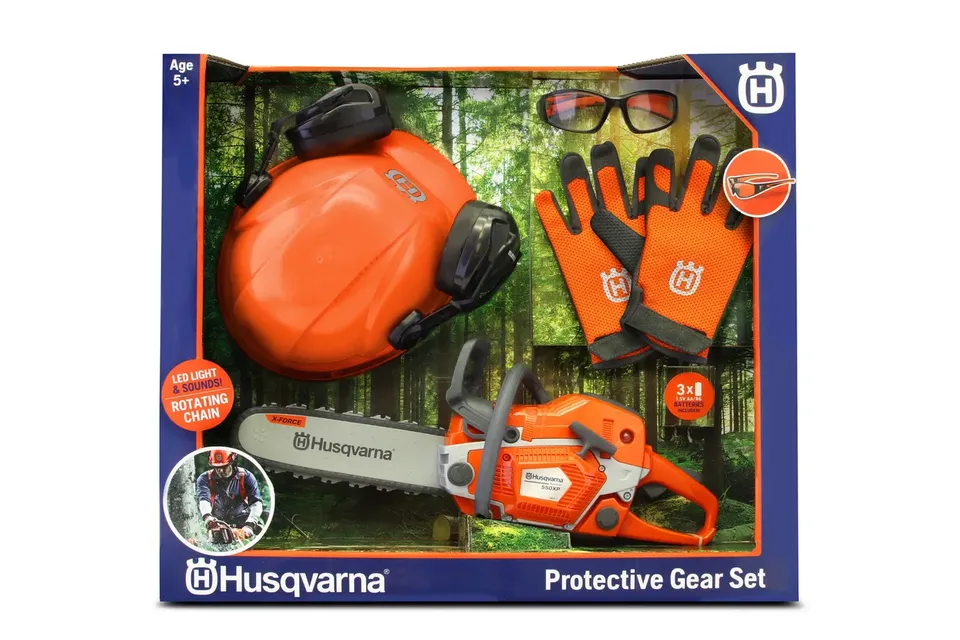 Husqvarna 550XP motosega giocattolo bambini con casco e guanti