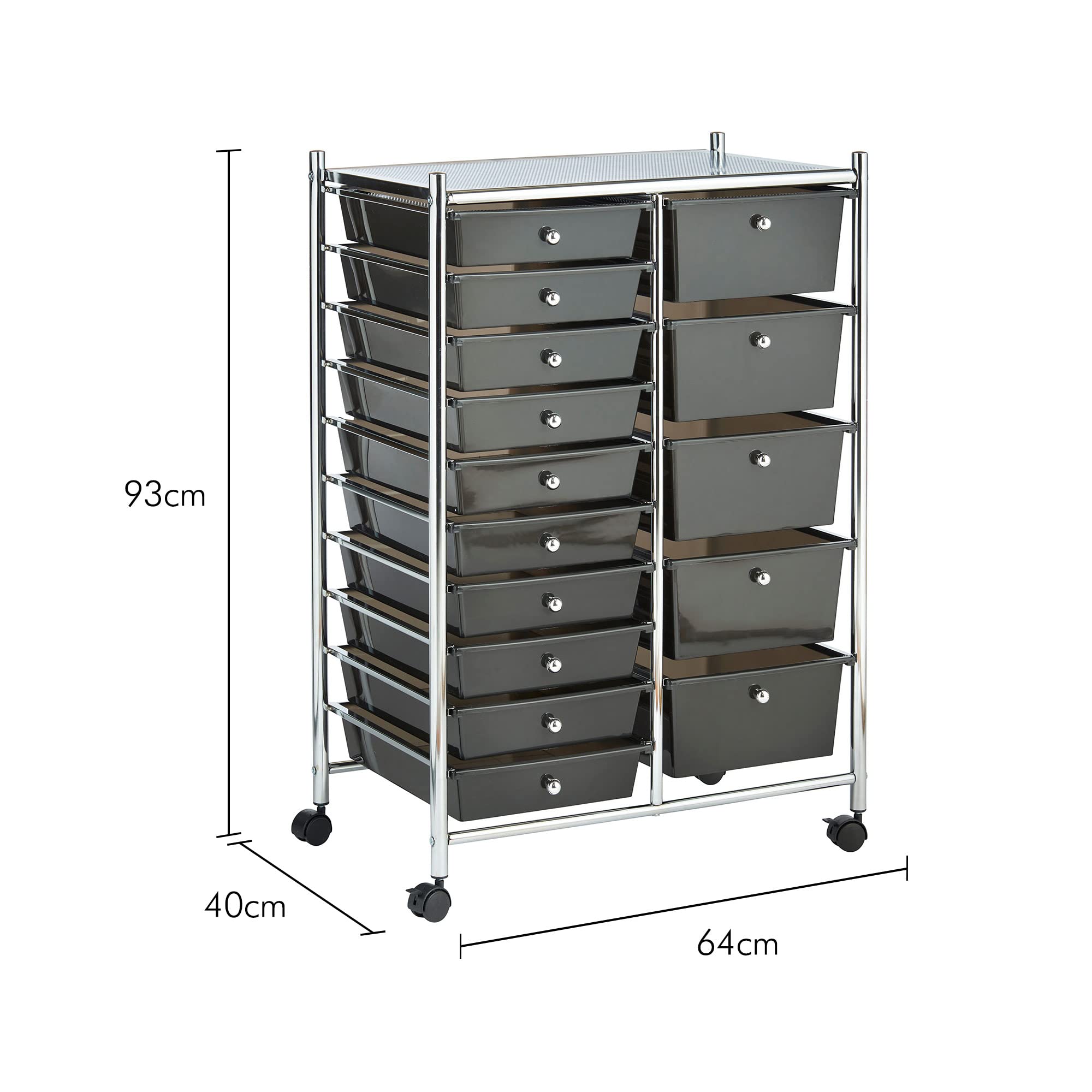 VonHaus Carrello 15 Cassetti Nero con Ruote Ufficio
