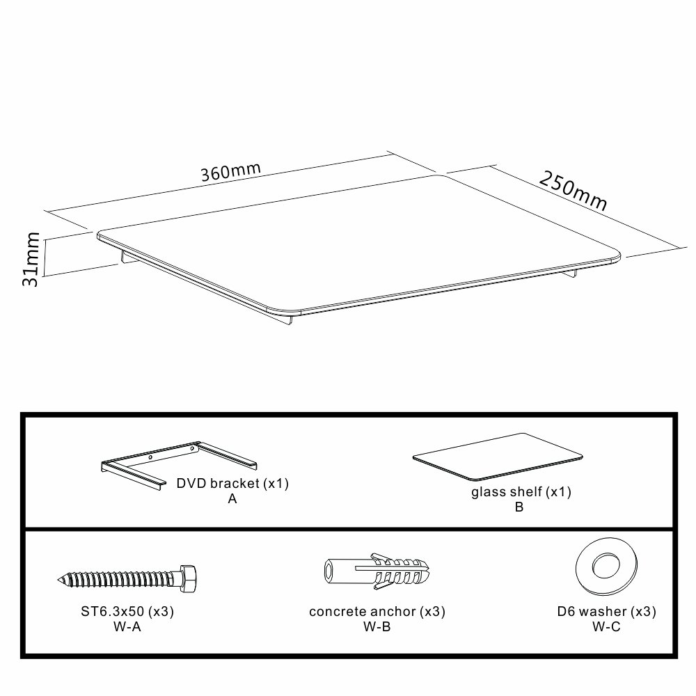 VonHaus Mensola TV Vetro Nero Singola 36x25 cm 8 kg