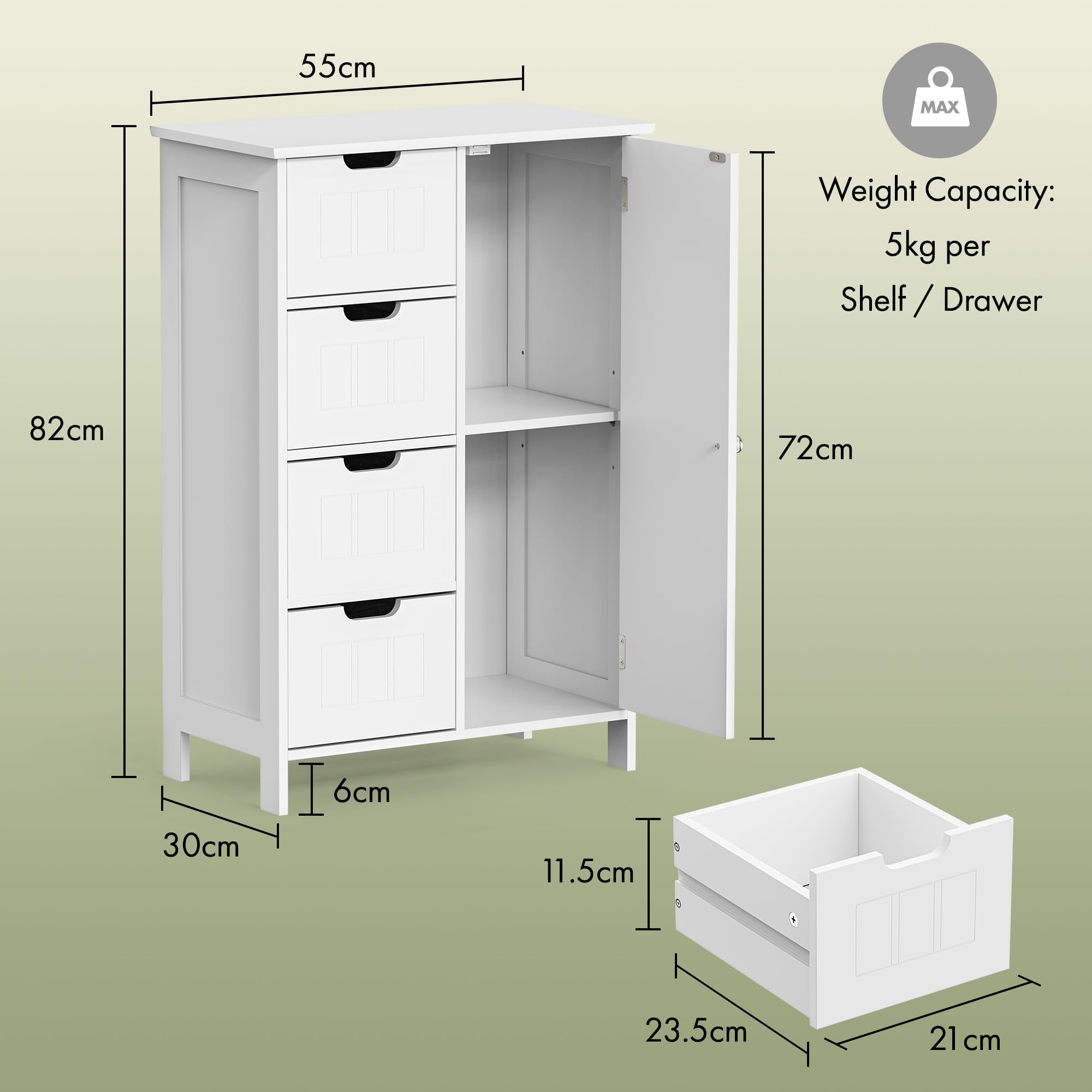 VonHaus Mobiletto 4 Cassetti Bianco 82 cm Stile Coloniale