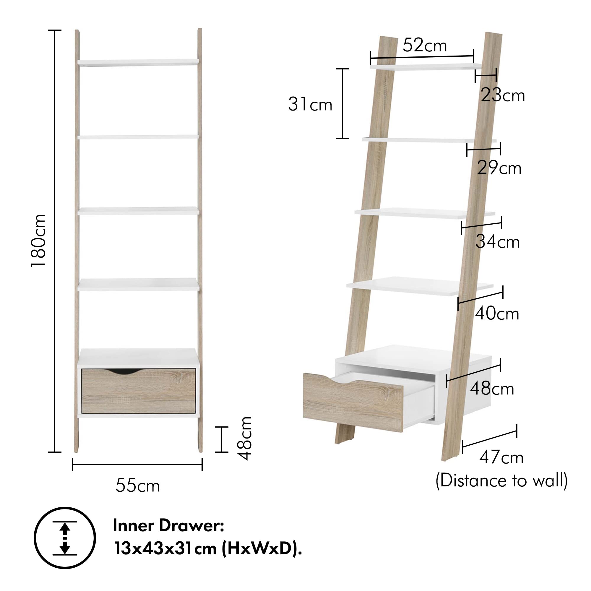 Vonhaus Libreria a Scala 5 Ripiani 1 Cassetto Bianco Rovere Sonoma