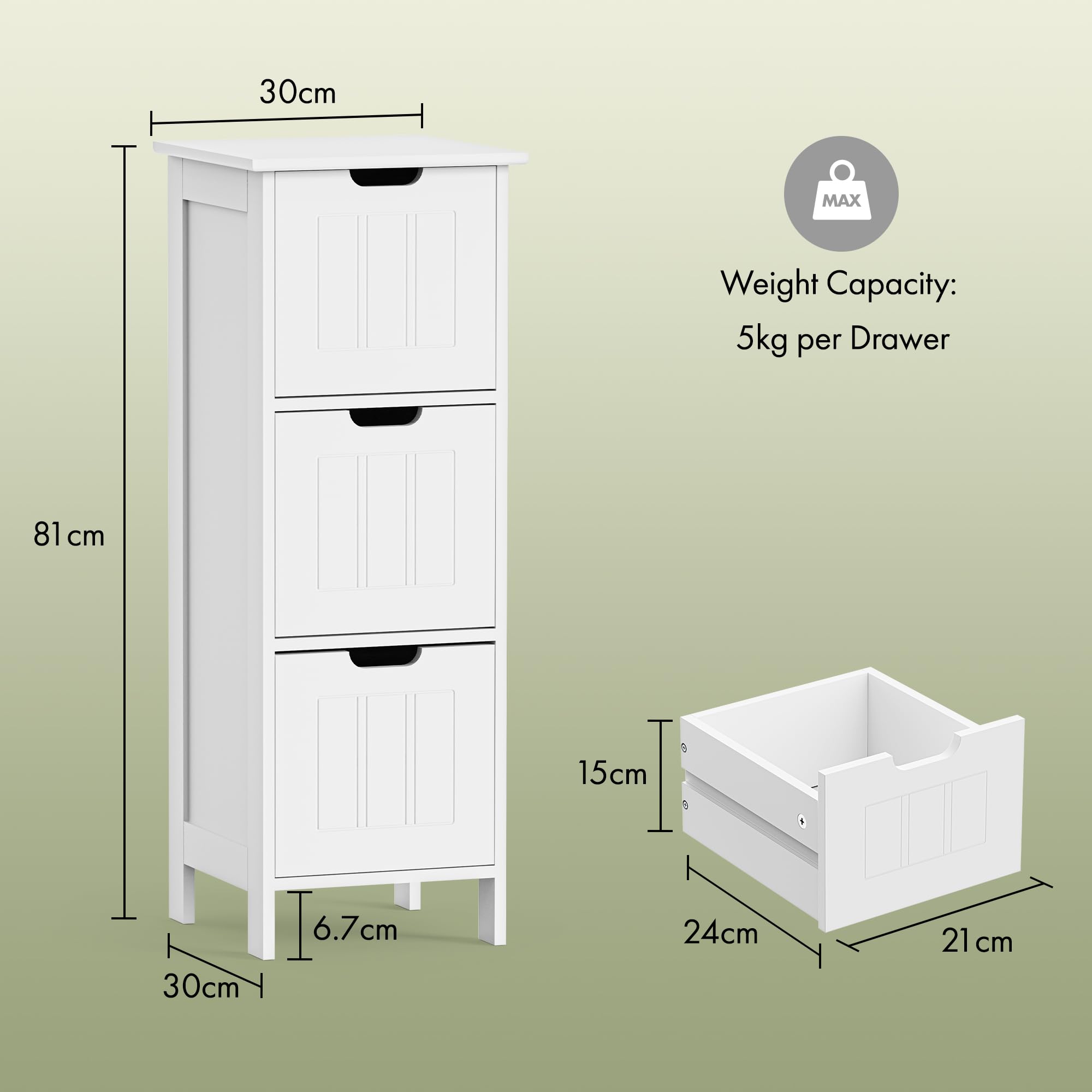 VonHaus mobiletto 3 cassetti bianco coloniale 30x30x81