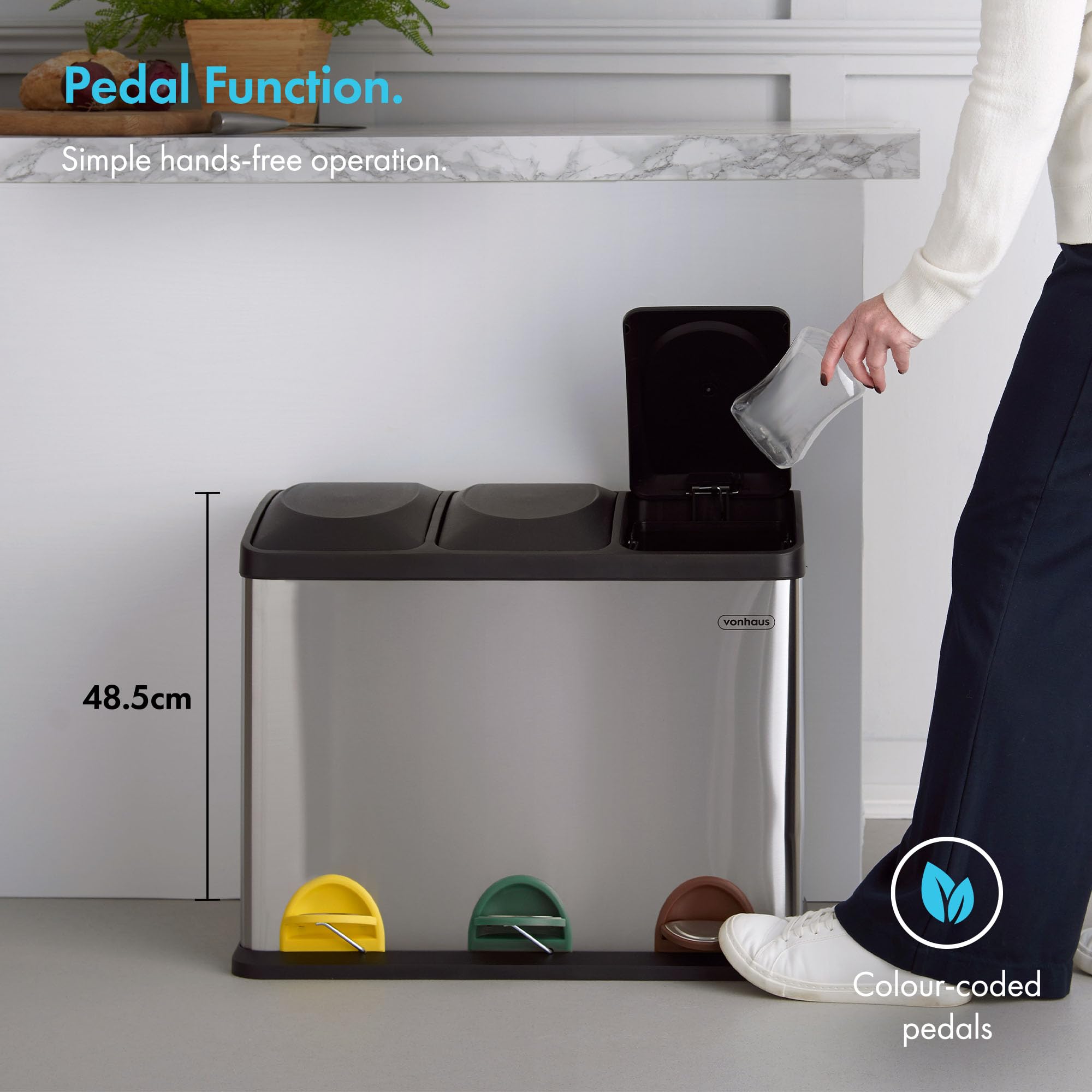 VonHaus Cestino Differenziata Acciaio 45 L 3 Scomparti